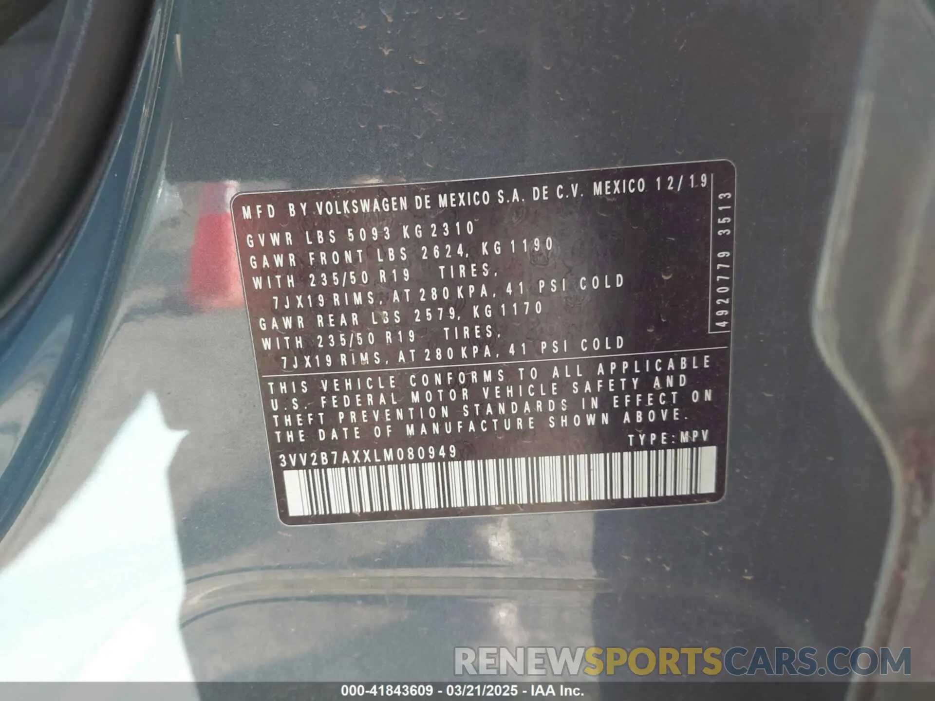 9 fotografías del automóvil dañado 3VV2B7AXXLM080949 VOLKSWAGEN TIGUAN 2020