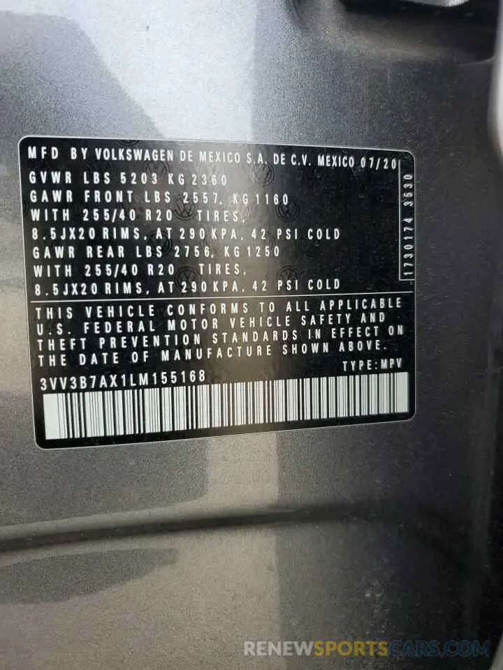 13 fotografías del automóvil dañado 3VV3B7AX1LM155168 VOLKSWAGEN TIGUAN 2020