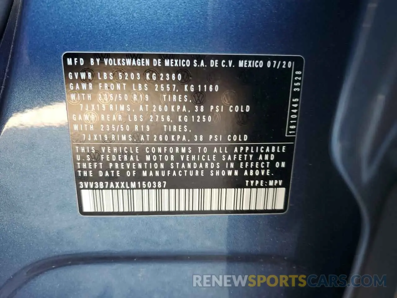 13 fotografías del automóvil dañado 3VV3B7AXXLM150387 VOLKSWAGEN TIGUAN 2020