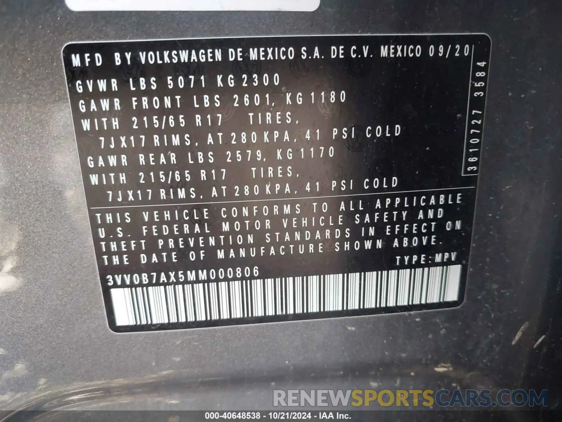 9 fotografías del automóvil dañado 3VV0B7AX5MM000806 VOLKSWAGEN TIGUAN 2021