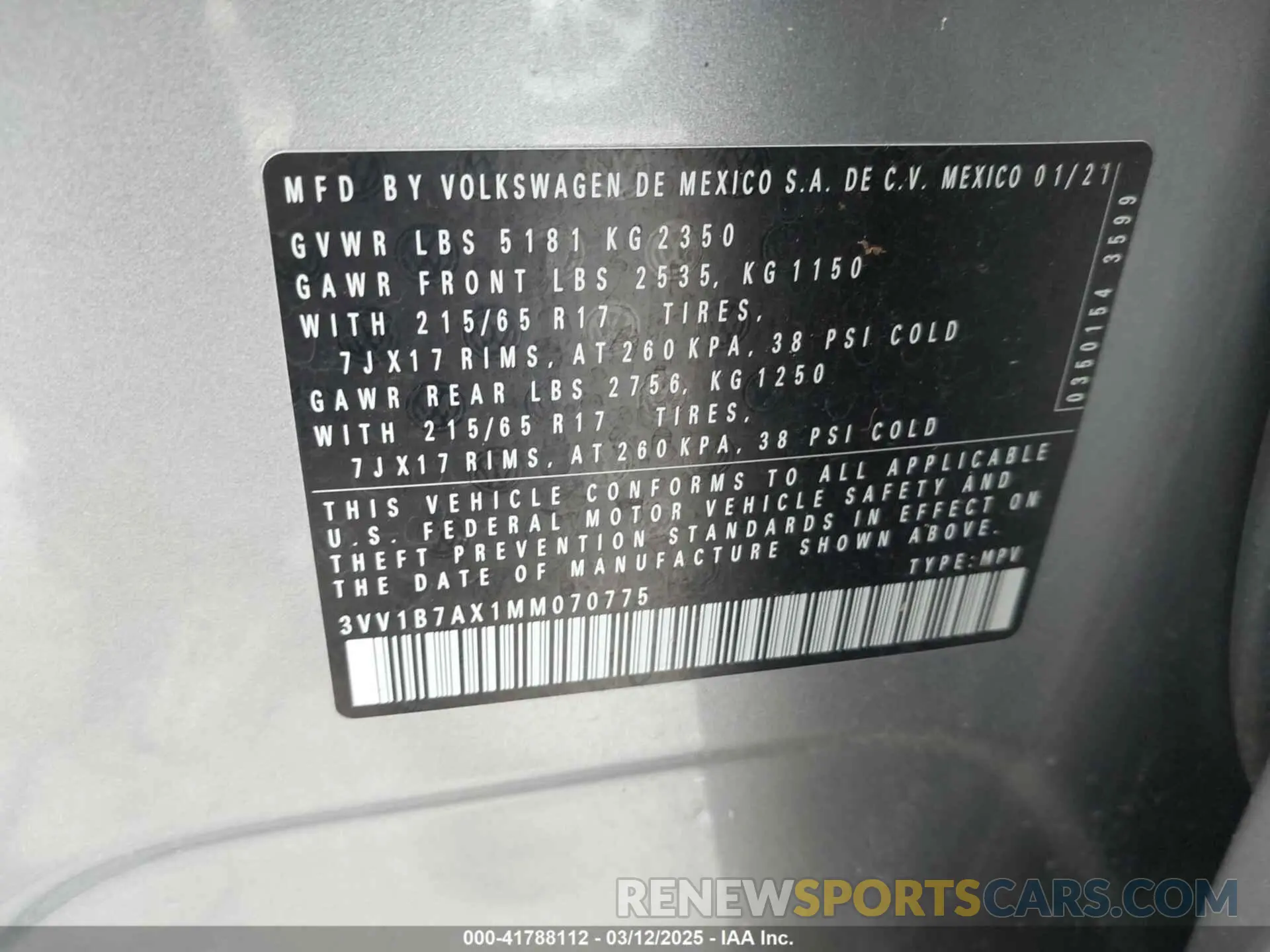 9 fotografías del automóvil dañado 3VV1B7AX1MM070775 VOLKSWAGEN TIGUAN 2021