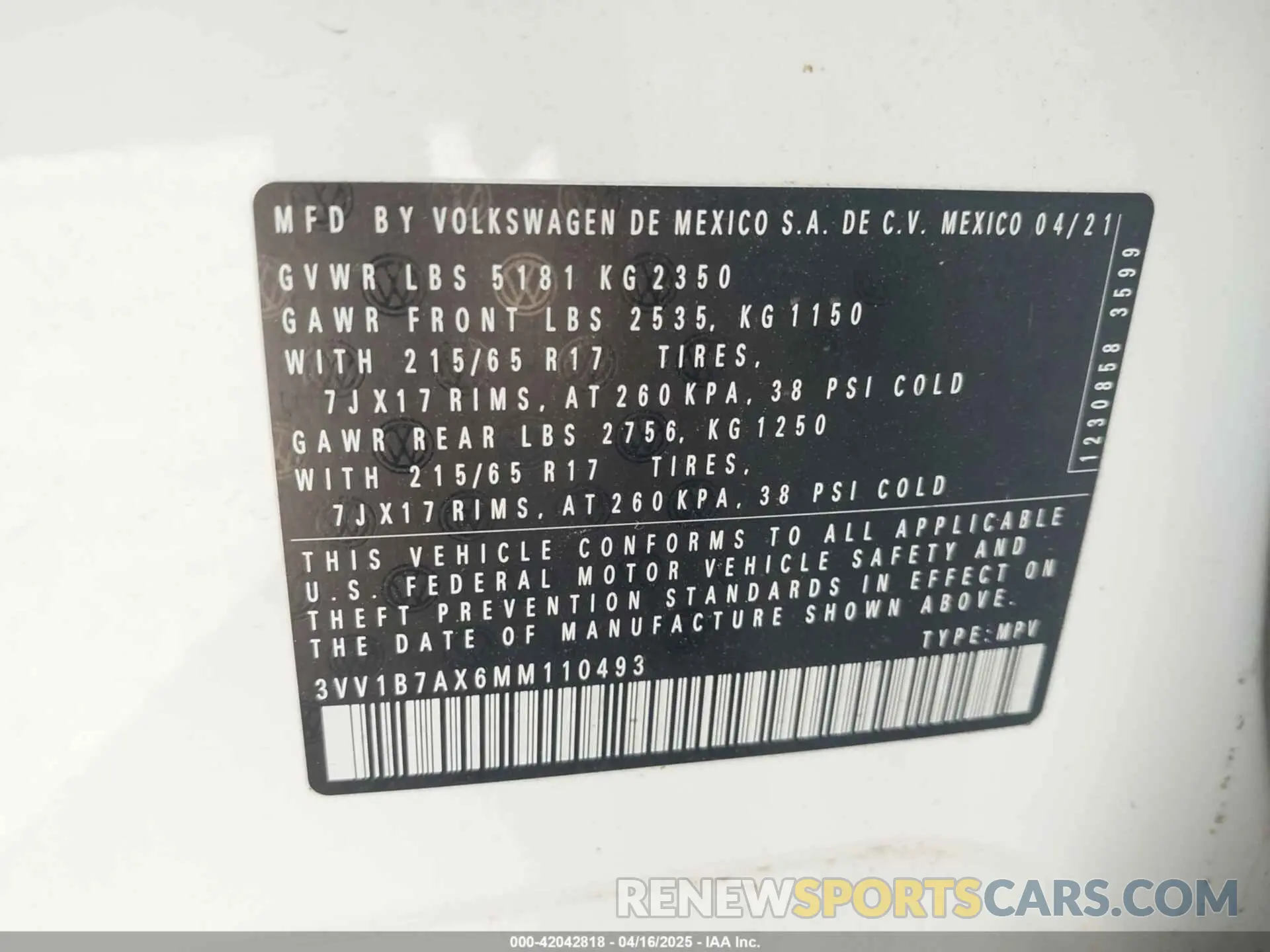 9 fotografías del automóvil dañado 3VV1B7AX6MM110493 VOLKSWAGEN TIGUAN 2021