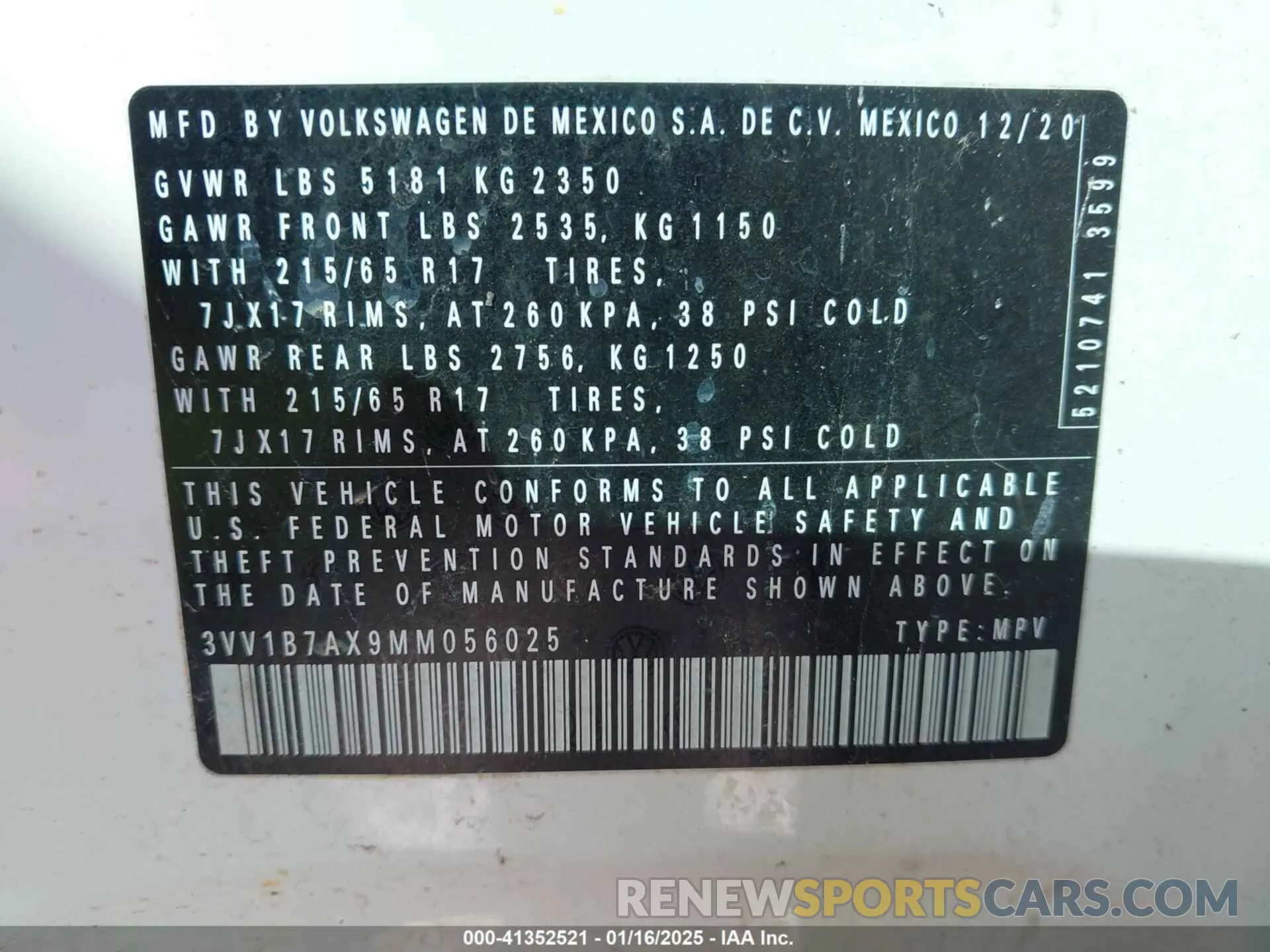 9 fotografías del automóvil dañado 3VV1B7AX9MM056025 VOLKSWAGEN TIGUAN 2021