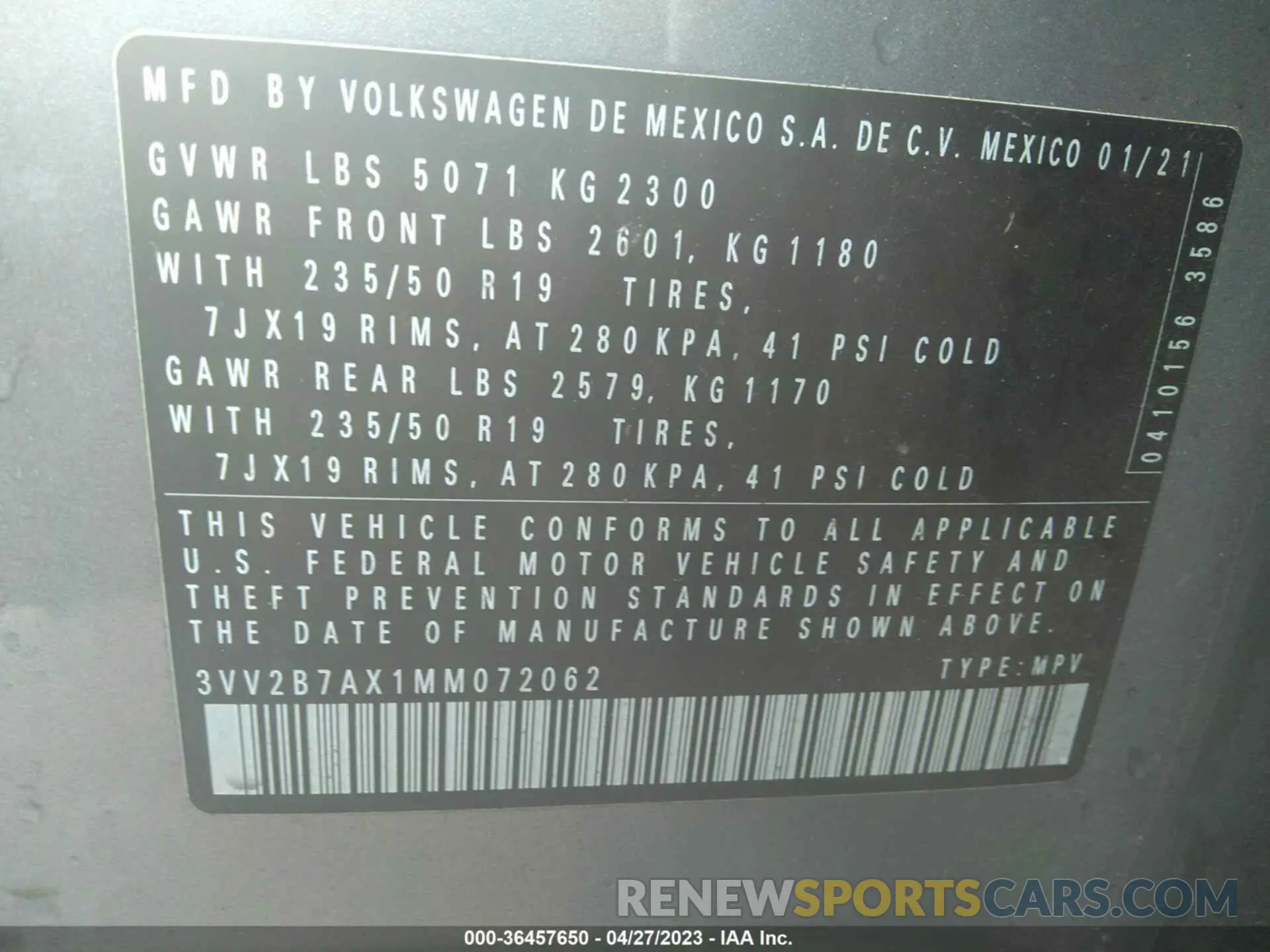 9 fotografías del automóvil dañado 3VV2B7AX1MM072062 VOLKSWAGEN TIGUAN 2021