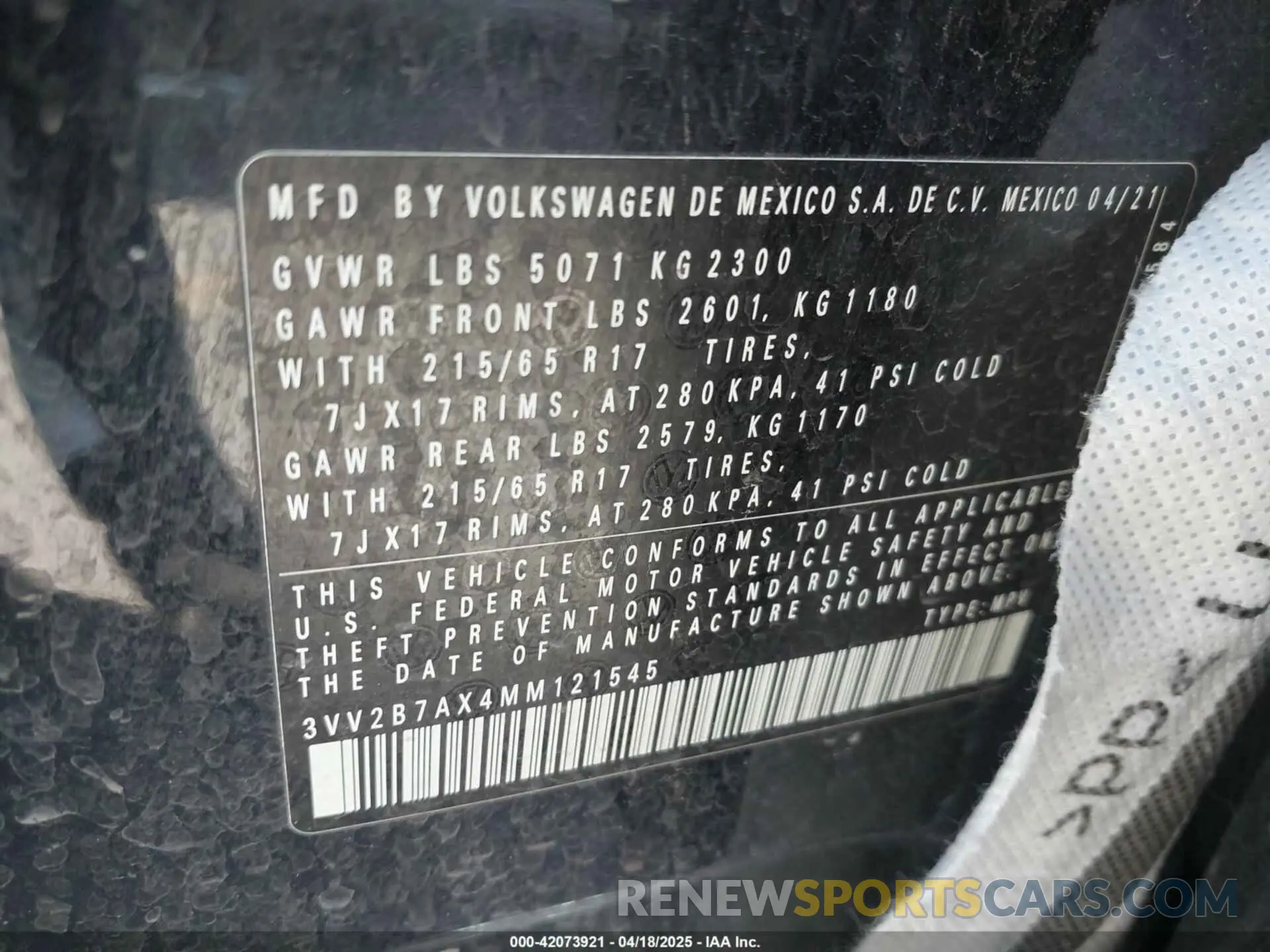 9 fotografías del automóvil dañado 3VV2B7AX4MM121545 VOLKSWAGEN TIGUAN 2021