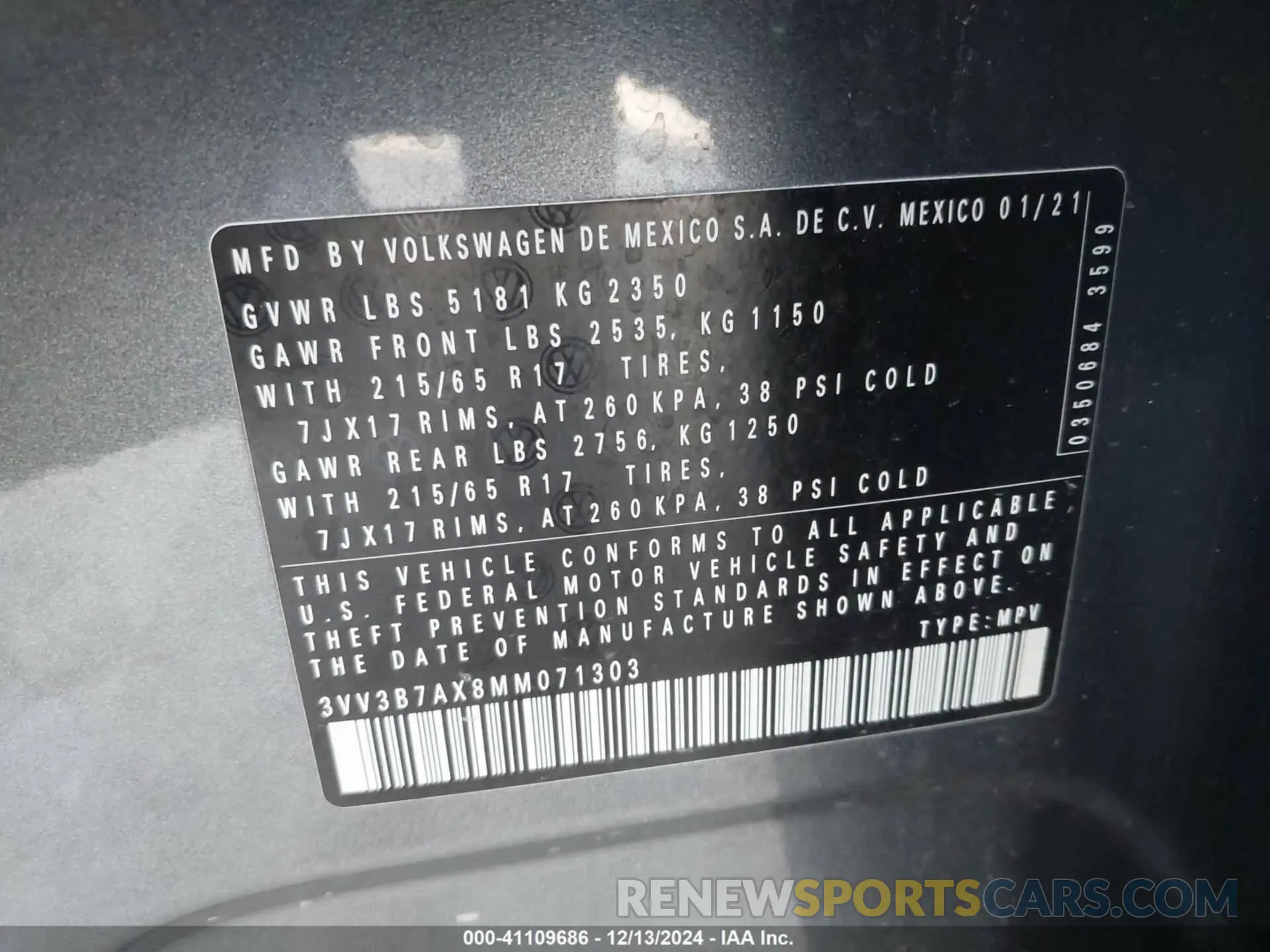 9 fotografías del automóvil dañado 3VV3B7AX8MM071303 VOLKSWAGEN TIGUAN 2021
