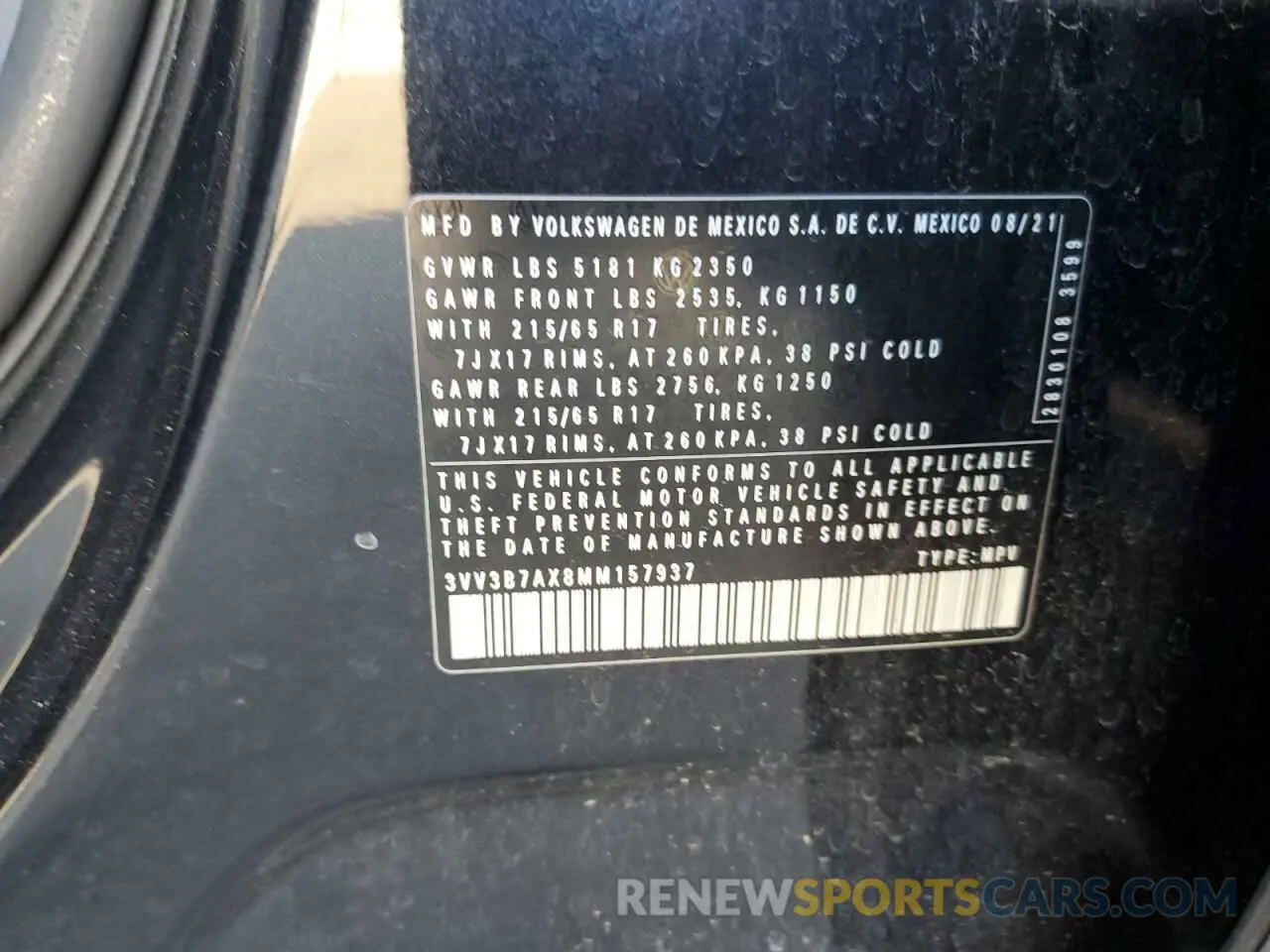 13 fotografías del automóvil dañado 3VV3B7AX8MM157937 VOLKSWAGEN TIGUAN 2021
