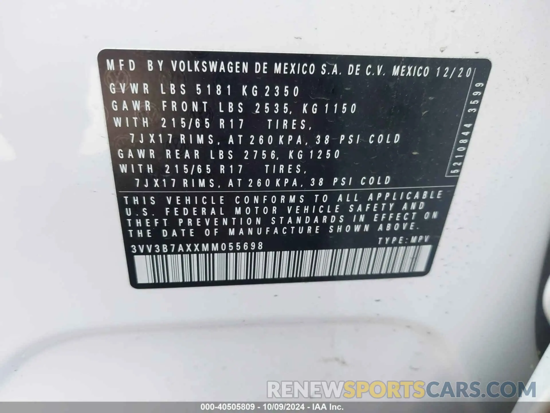 9 fotografías del automóvil dañado 3VV3B7AXXMM055698 VOLKSWAGEN TIGUAN 2021