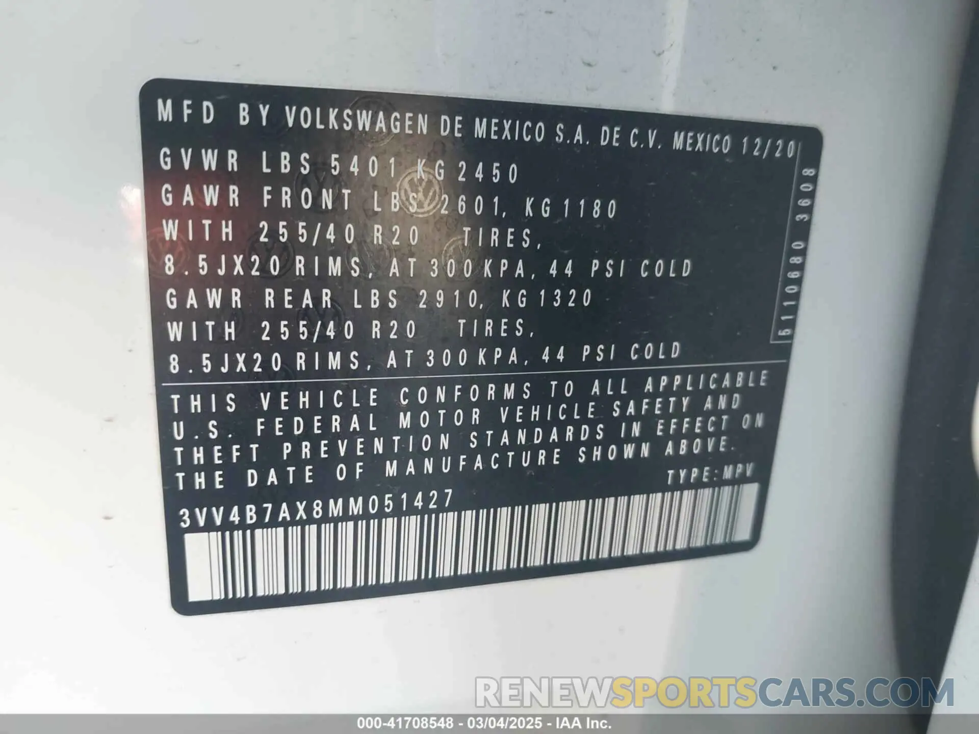 9 fotografías del automóvil dañado 3VV4B7AX8MM051427 VOLKSWAGEN TIGUAN 2021