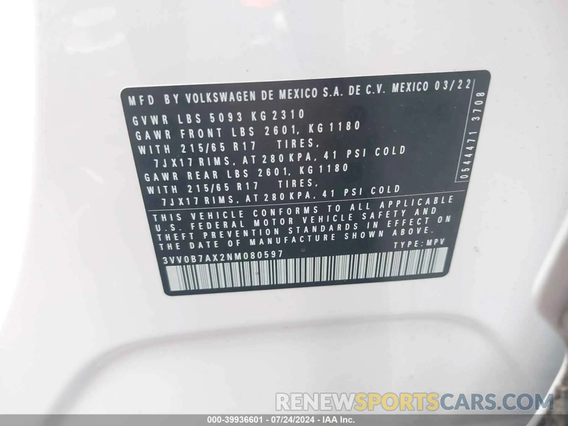 9 fotografías del automóvil dañado 3VV0B7AX2NM080597 VOLKSWAGEN TIGUAN 2022