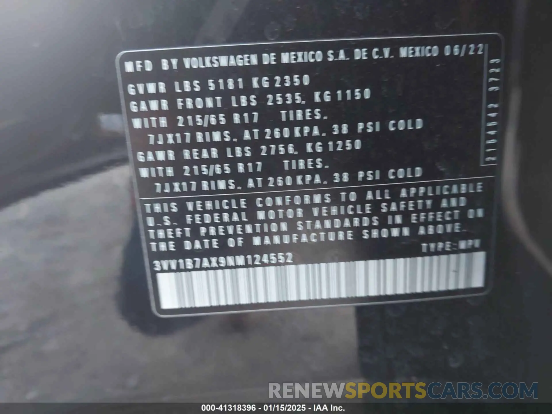 9 fotografías del automóvil dañado 3VV1B7AX9NM124552 VOLKSWAGEN TIGUAN 2022