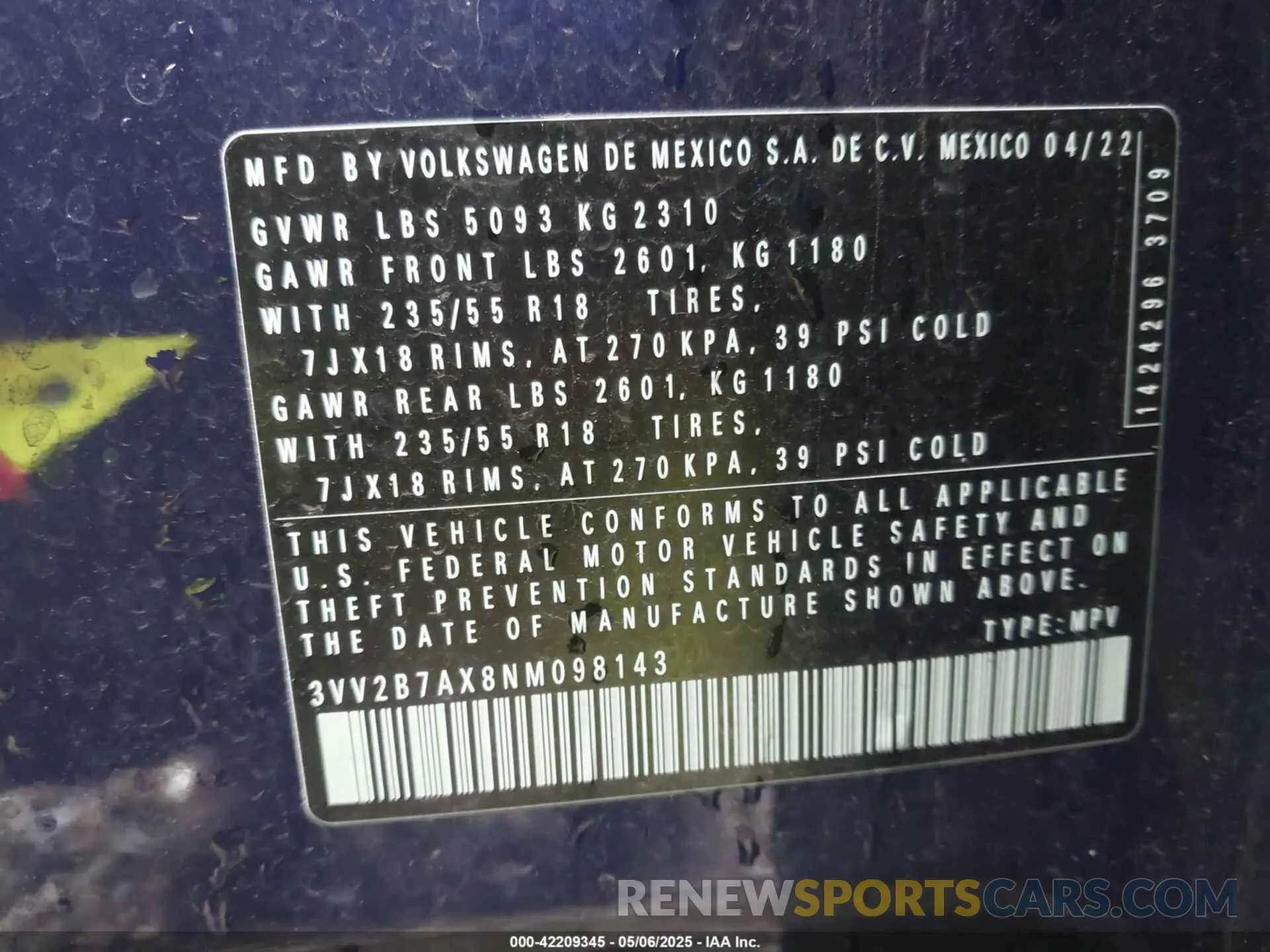 9 fotografías del automóvil dañado 3VV2B7AX8NM098143 VOLKSWAGEN TIGUAN 2022