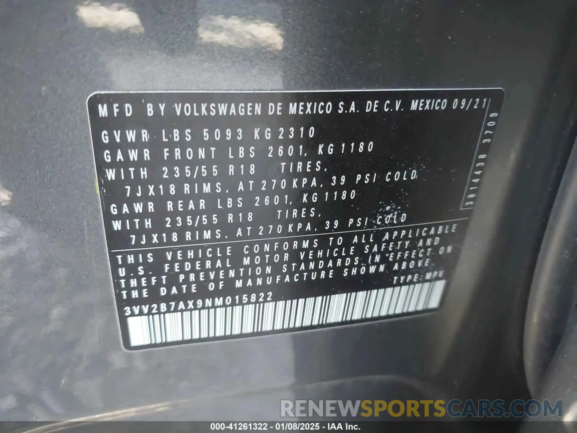 9 fotografías del automóvil dañado 3VV2B7AX9NM015822 VOLKSWAGEN TIGUAN 2022