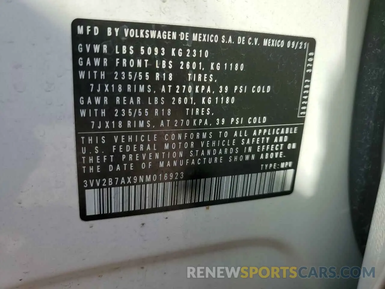 14 fotografías del automóvil dañado 3VV2B7AX9NM016923 VOLKSWAGEN TIGUAN 2022