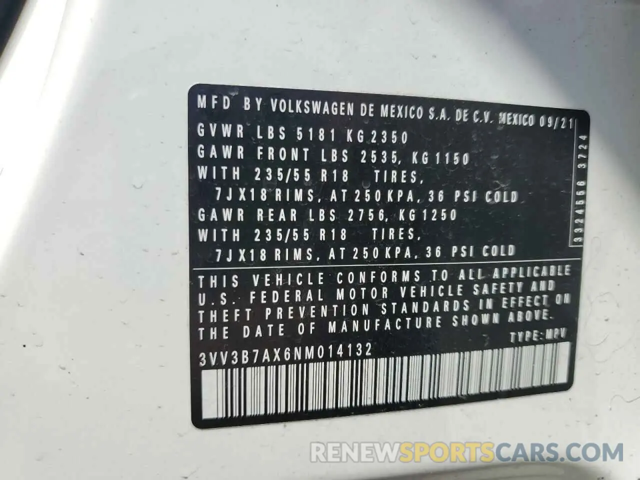 14 fotografías del automóvil dañado 3VV3B7AX6NM014132 VOLKSWAGEN TIGUAN 2022