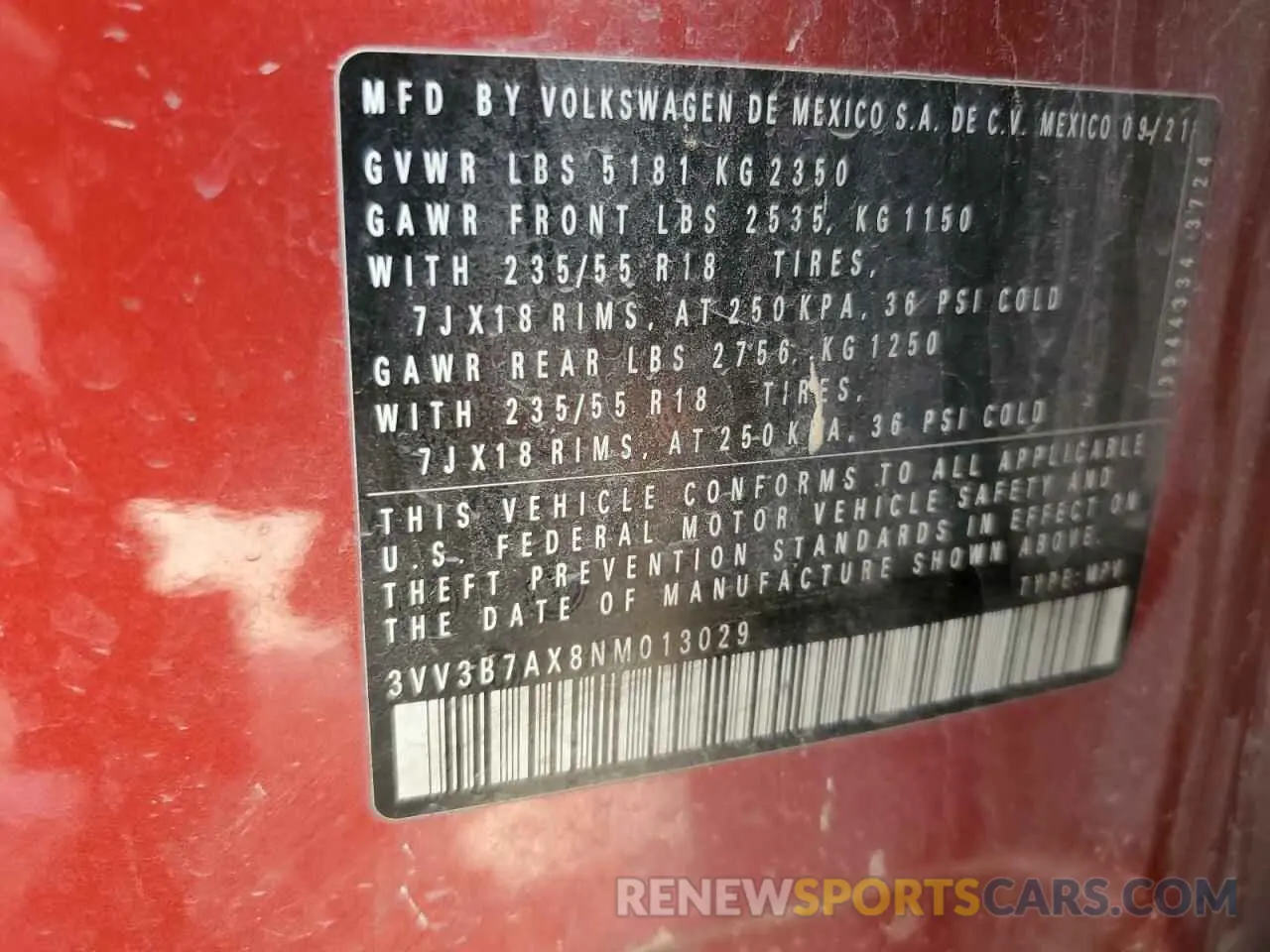 13 fotografías del automóvil dañado 3VV3B7AX8NM013029 VOLKSWAGEN TIGUAN 2022