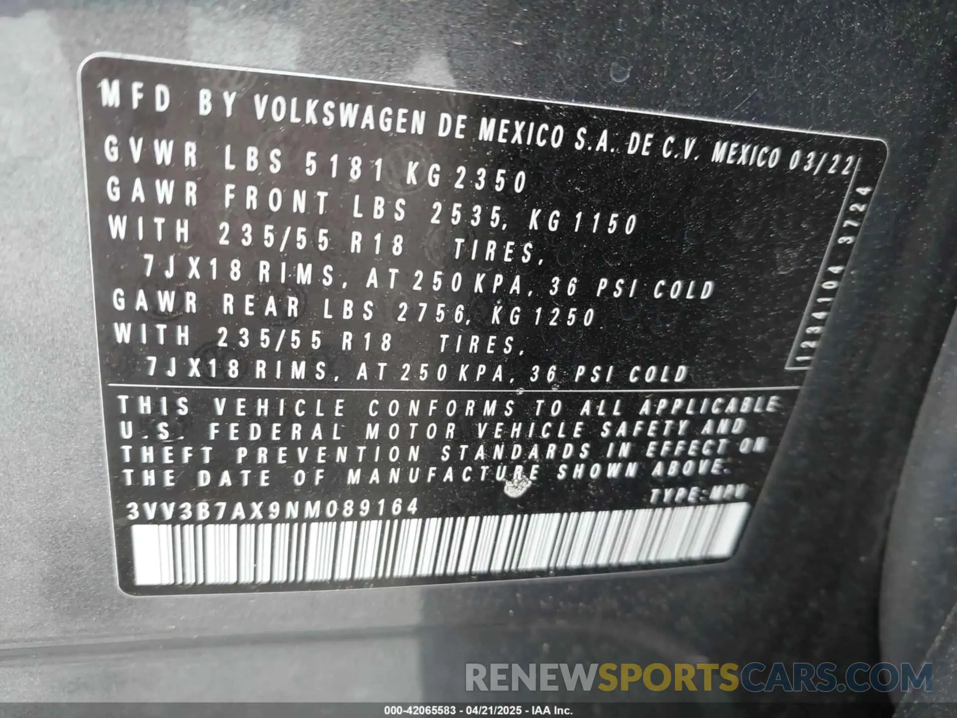 9 fotografías del automóvil dañado 3VV3B7AX9NM089164 VOLKSWAGEN TIGUAN 2022