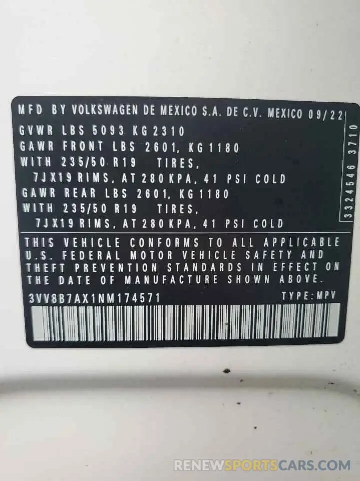 13 fotografías del automóvil dañado 3VV8B7AX1NM174571 VOLKSWAGEN TIGUAN 2022