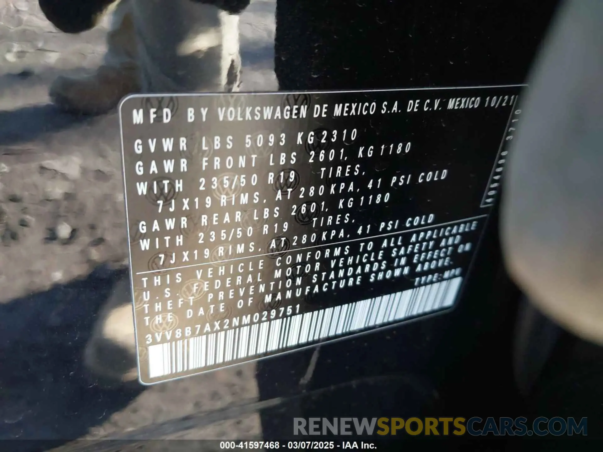 9 fotografías del automóvil dañado 3VV8B7AX2NM029751 VOLKSWAGEN TIGUAN 2022