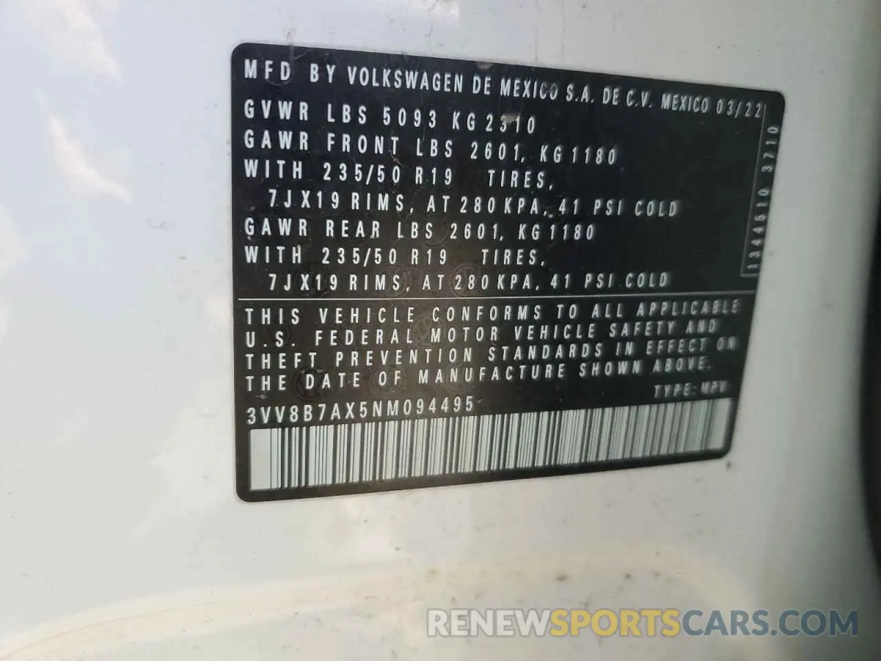 13 fotografías del automóvil dañado 3VV8B7AX5NM094495 VOLKSWAGEN TIGUAN 2022