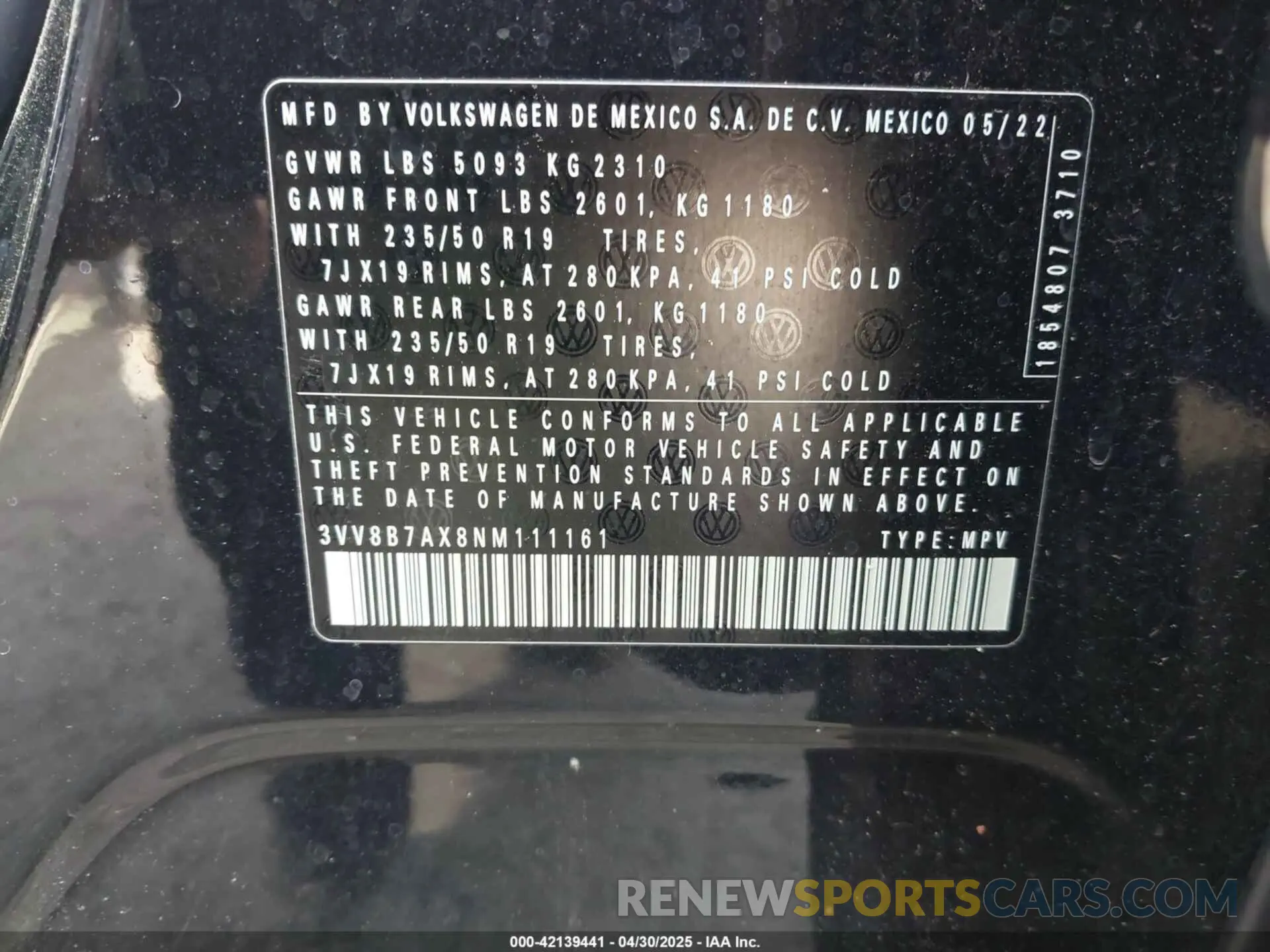 9 fotografías del automóvil dañado 3VV8B7AX8NM111161 VOLKSWAGEN TIGUAN 2022