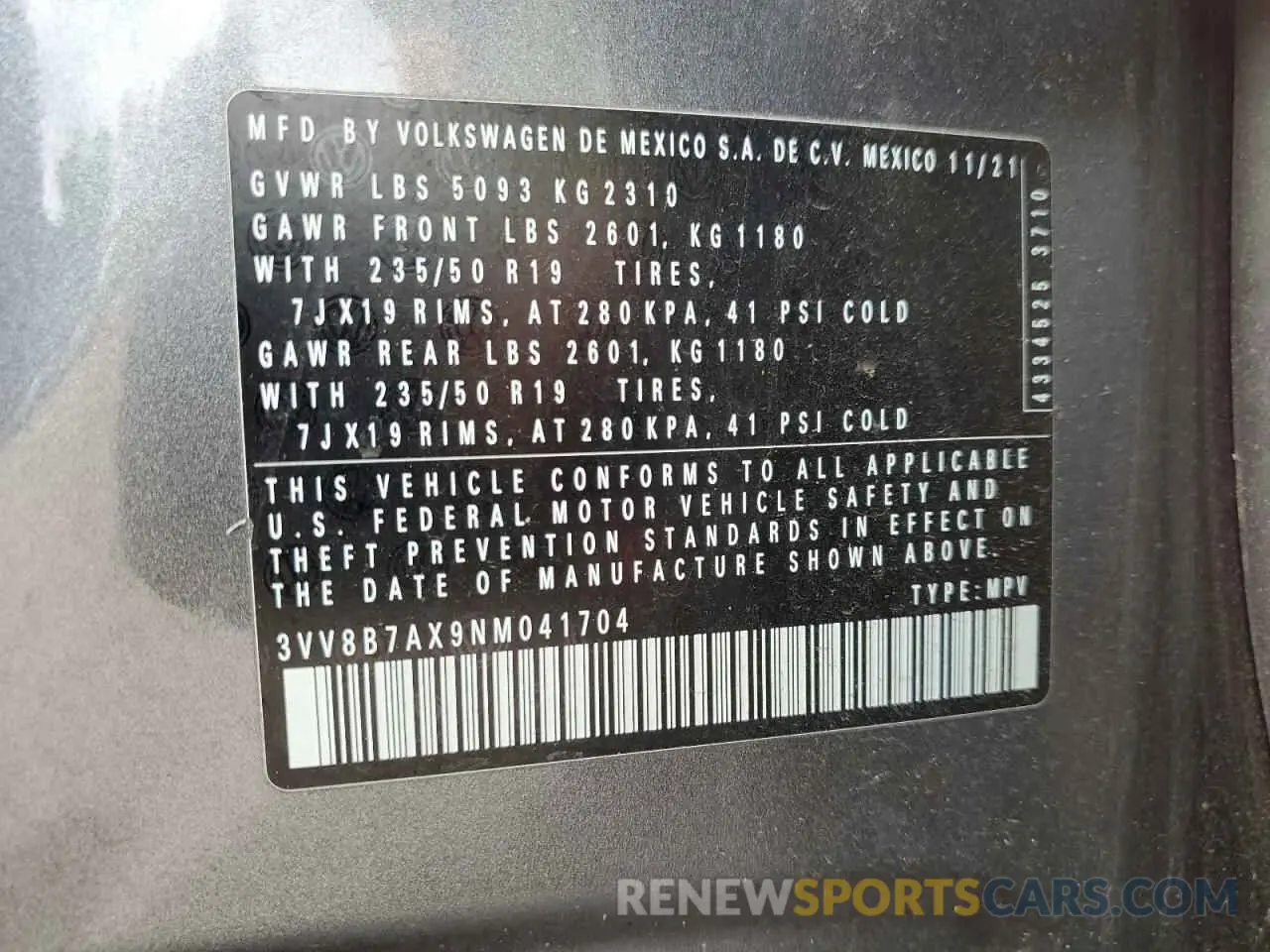 14 fotografías del automóvil dañado 3VV8B7AX9NM041704 VOLKSWAGEN TIGUAN 2022
