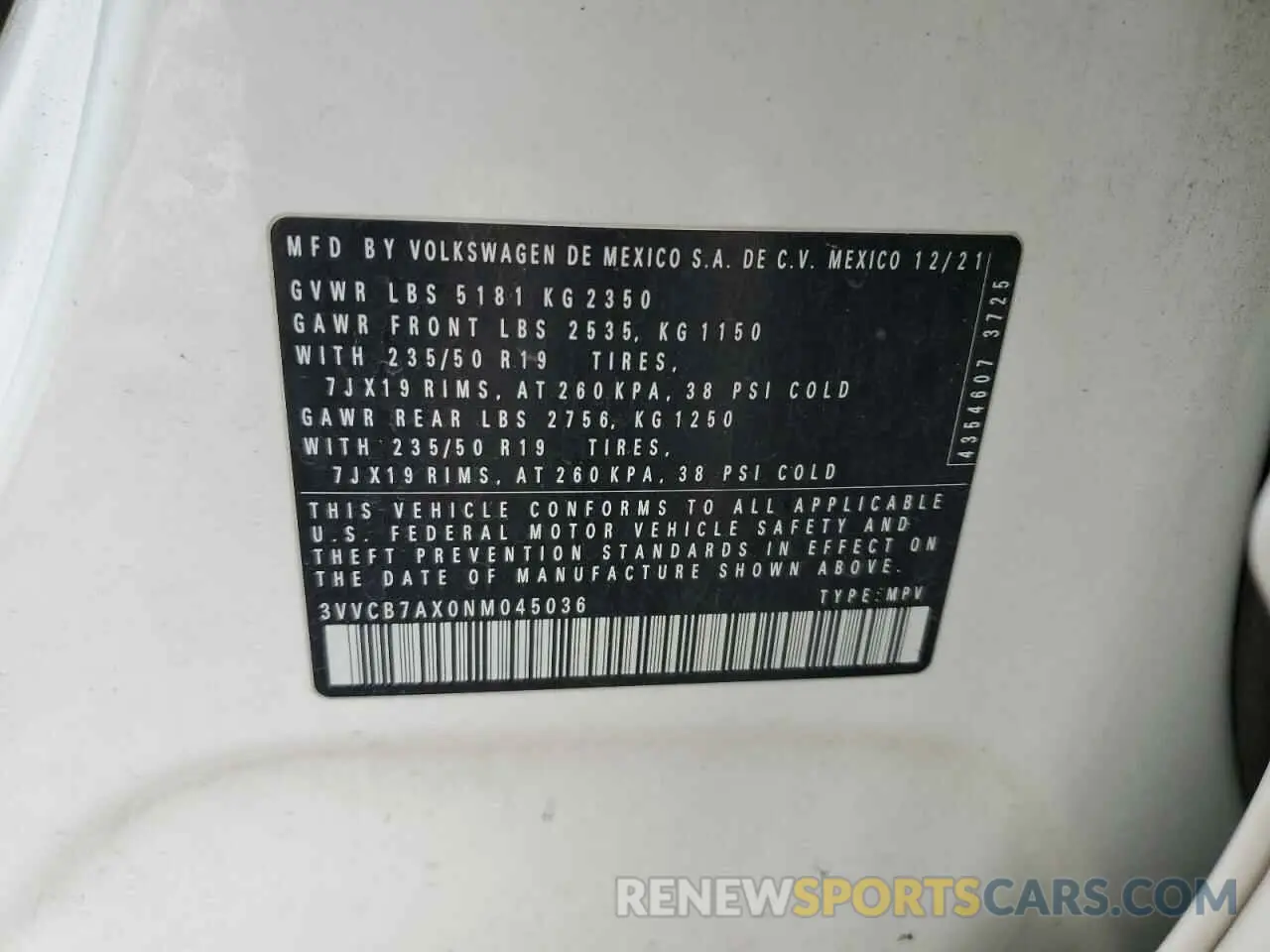 13 fotografías del automóvil dañado 3VVCB7AX0NM045036 VOLKSWAGEN TIGUAN 2022