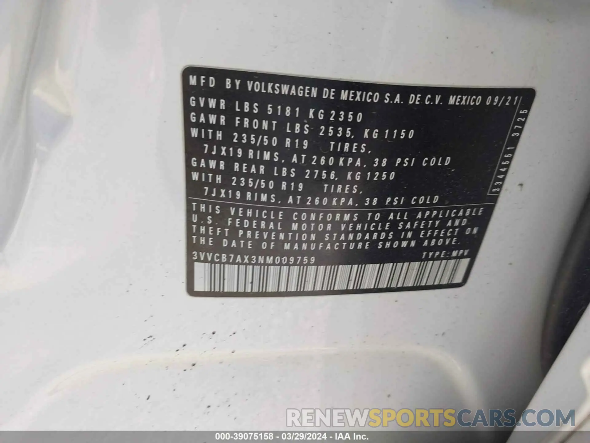 9 fotografías del automóvil dañado 3VVCB7AX3NM009759 VOLKSWAGEN TIGUAN 2022