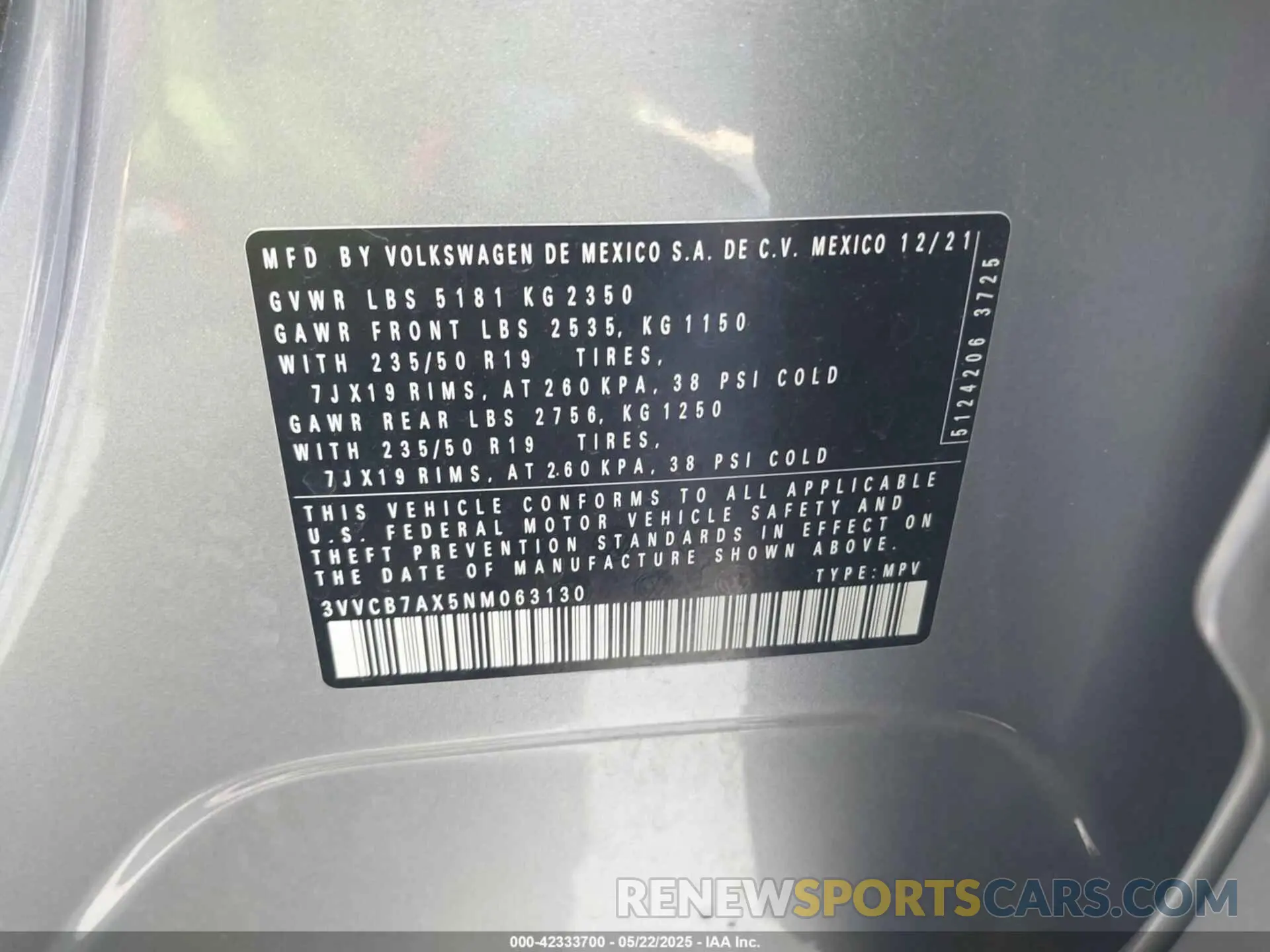 9 fotografías del automóvil dañado 3VVCB7AX5NM063130 VOLKSWAGEN TIGUAN 2022