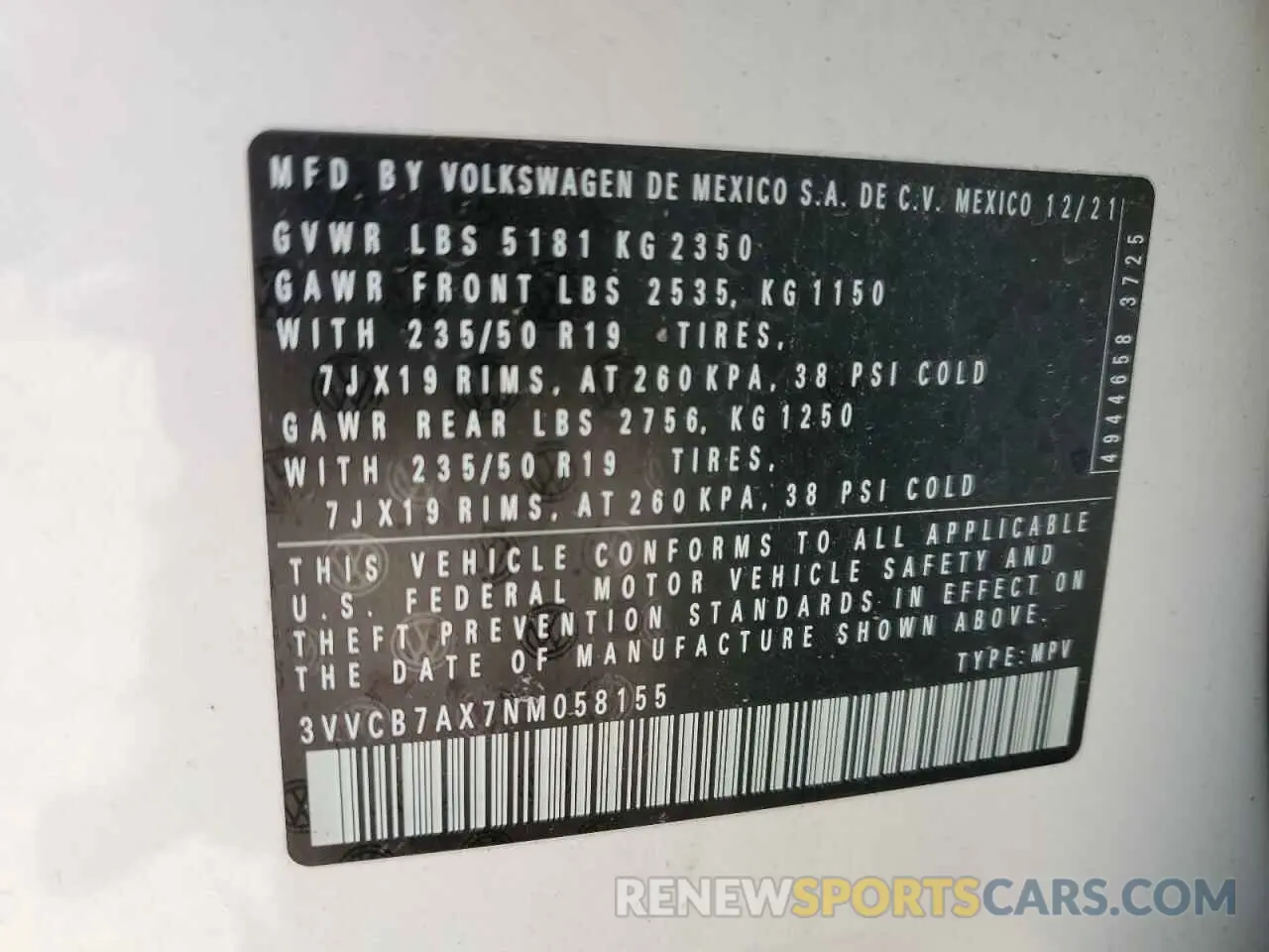 16 fotografías del automóvil dañado 3VVCB7AX7NM058155 VOLKSWAGEN TIGUAN 2022