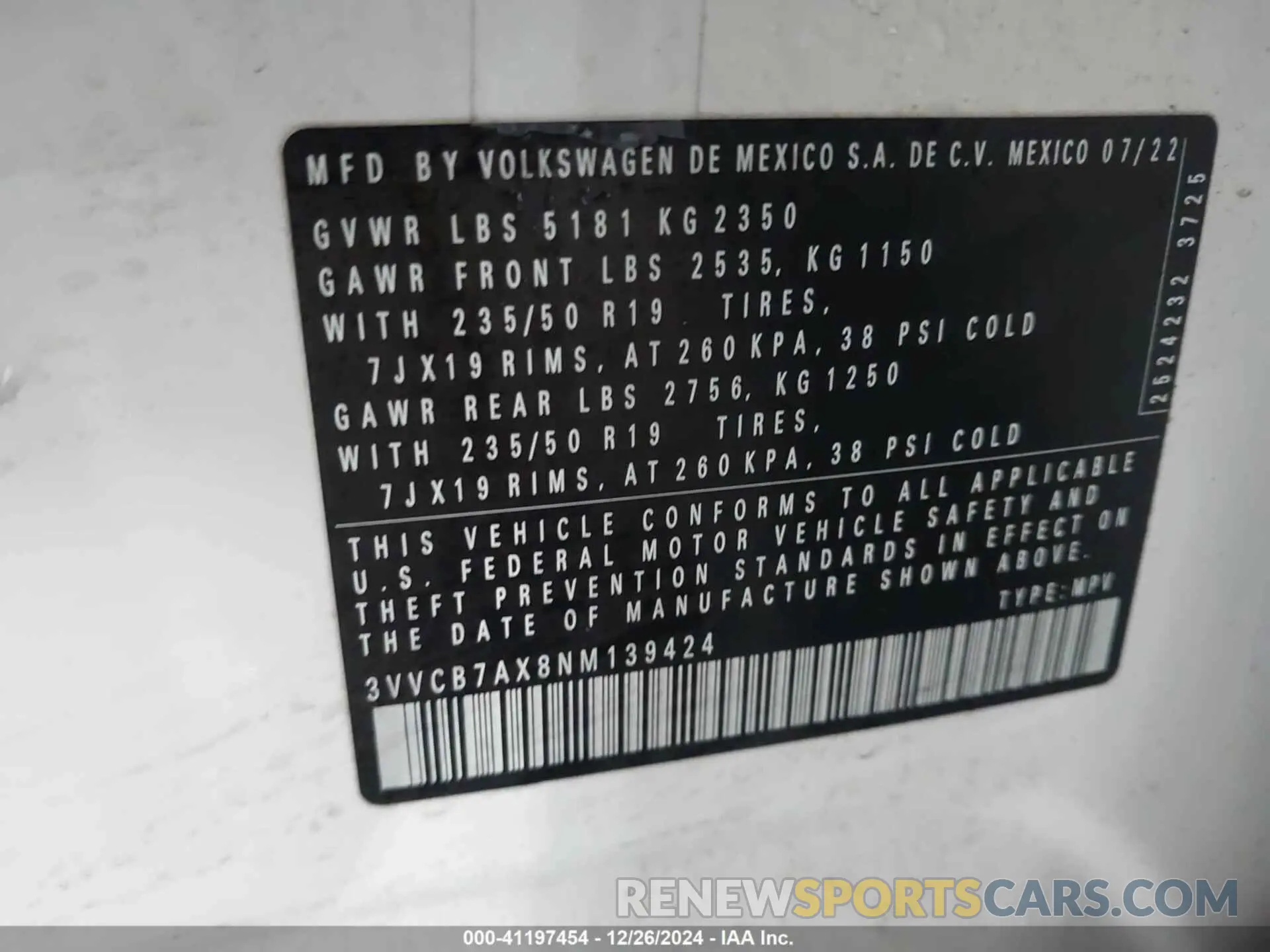 9 fotografías del automóvil dañado 3VVCB7AX8NM139424 VOLKSWAGEN TIGUAN 2022