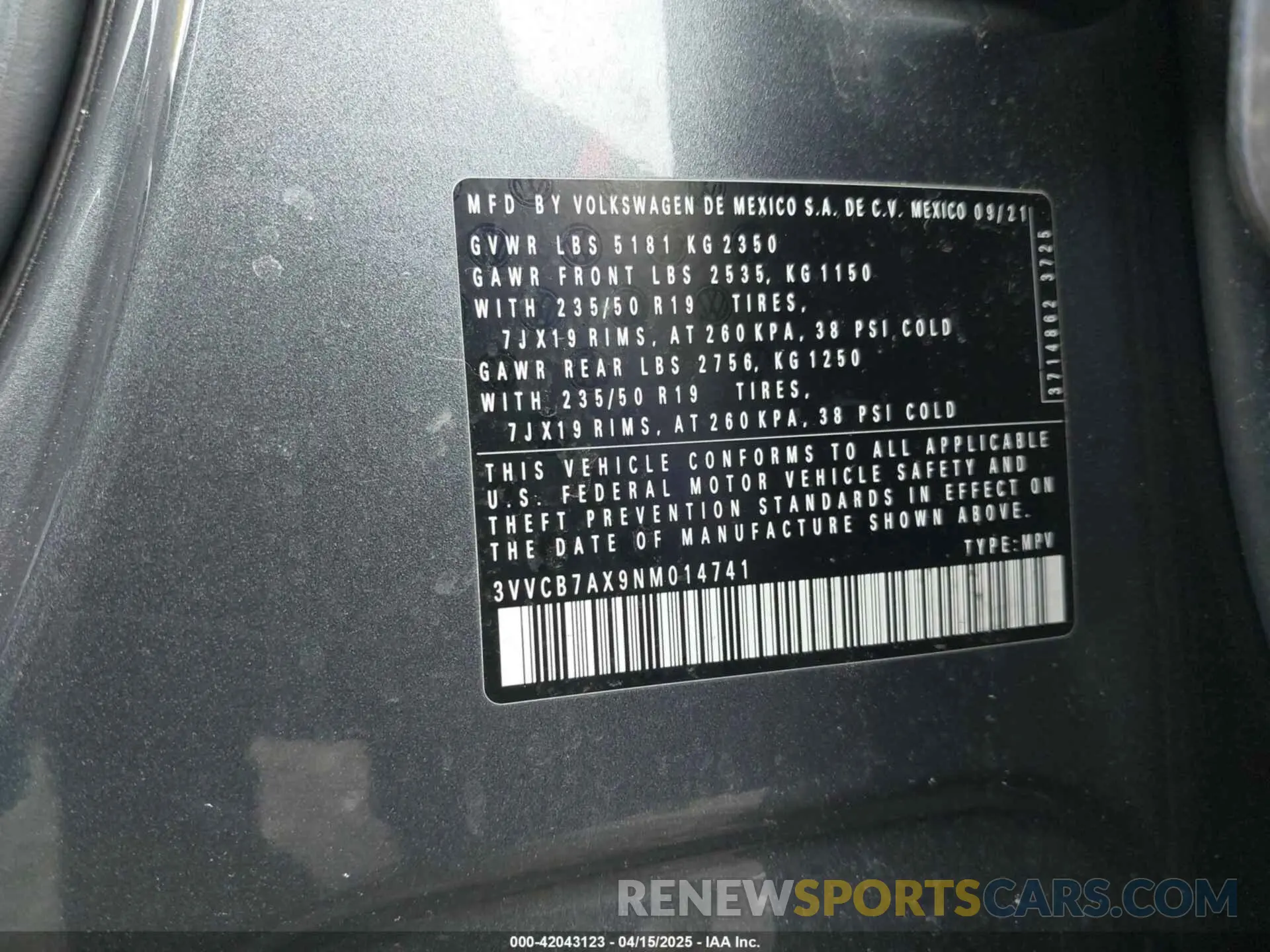 9 fotografías del automóvil dañado 3VVCB7AX9NM014741 VOLKSWAGEN TIGUAN 2022