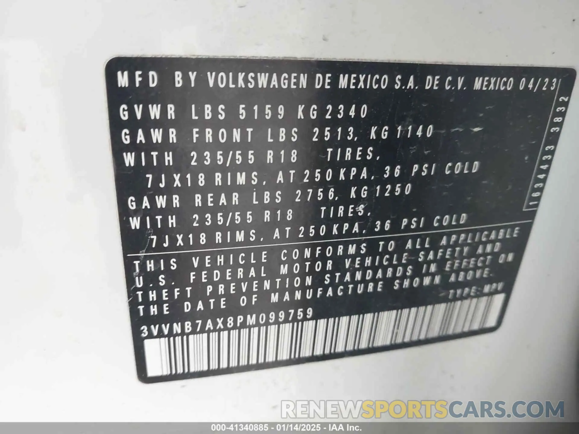 9 fotografías del automóvil dañado 3VVNB7AX8PM099759 VOLKSWAGEN TIGUAN 2023