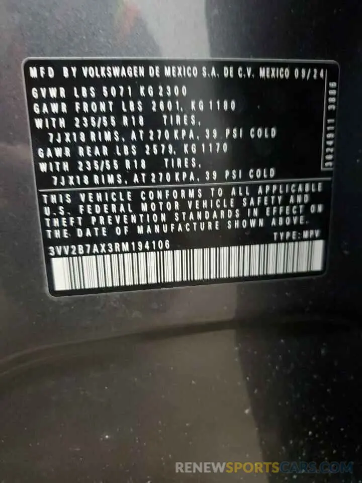 12 fotografías del automóvil dañado 3VV2B7AX3RM194106 VOLKSWAGEN TIGUAN 2024