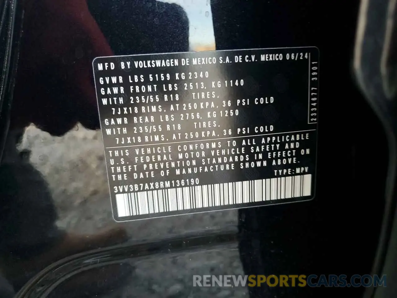 14 fotografías del automóvil dañado 3VV3B7AX8RM136190 VOLKSWAGEN TIGUAN 2024