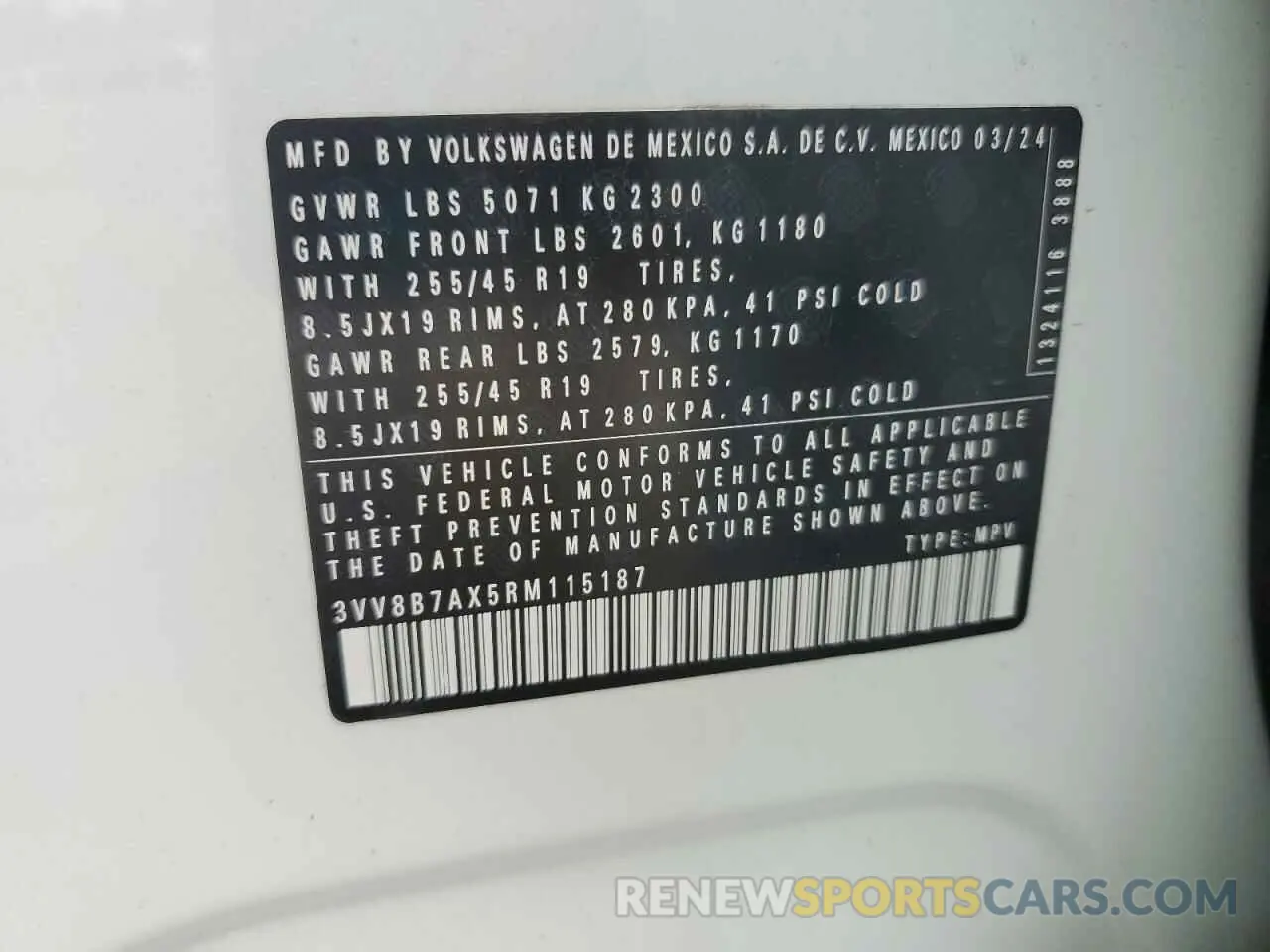 14 fotografías del automóvil dañado 3VV8B7AX5RM115187 VOLKSWAGEN TIGUAN 2024