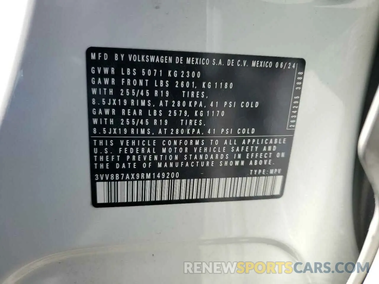 13 fotografías del automóvil dañado 3VV8B7AX9RM149200 VOLKSWAGEN TIGUAN 2024