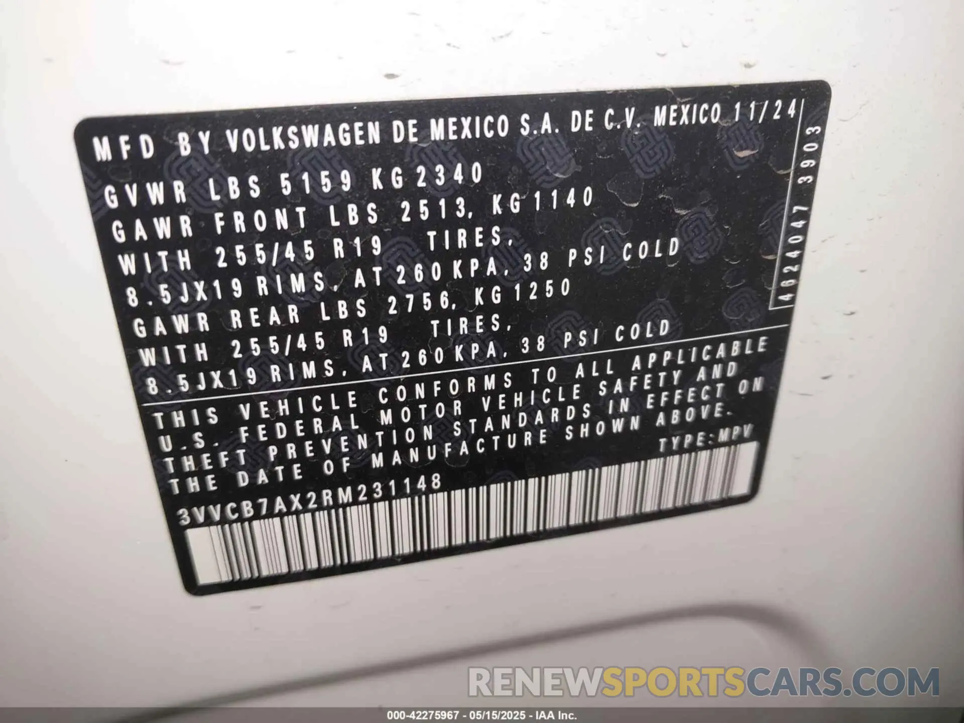 9 fotografías del automóvil dañado 3VVCB7AX2RM231148 VOLKSWAGEN TIGUAN 2024