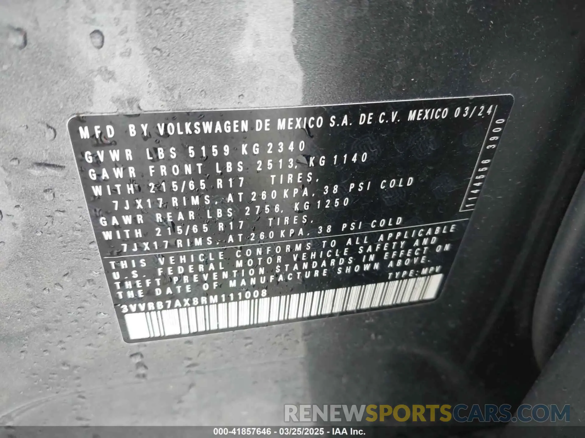 9 fotografías del automóvil dañado 3VVRB7AX8RM111008 VOLKSWAGEN TIGUAN 2024