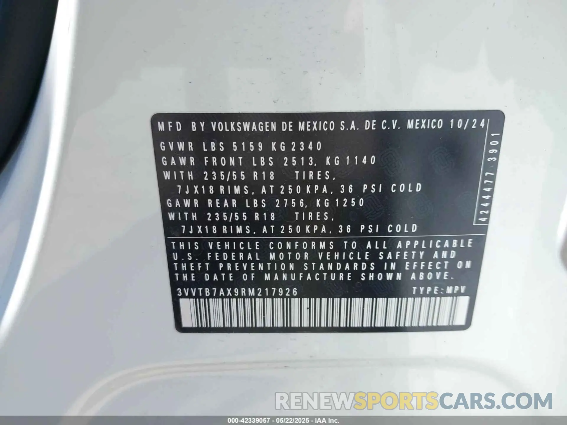 9 fotografías del automóvil dañado 3VVTB7AX9RM217926 VOLKSWAGEN TIGUAN 2024