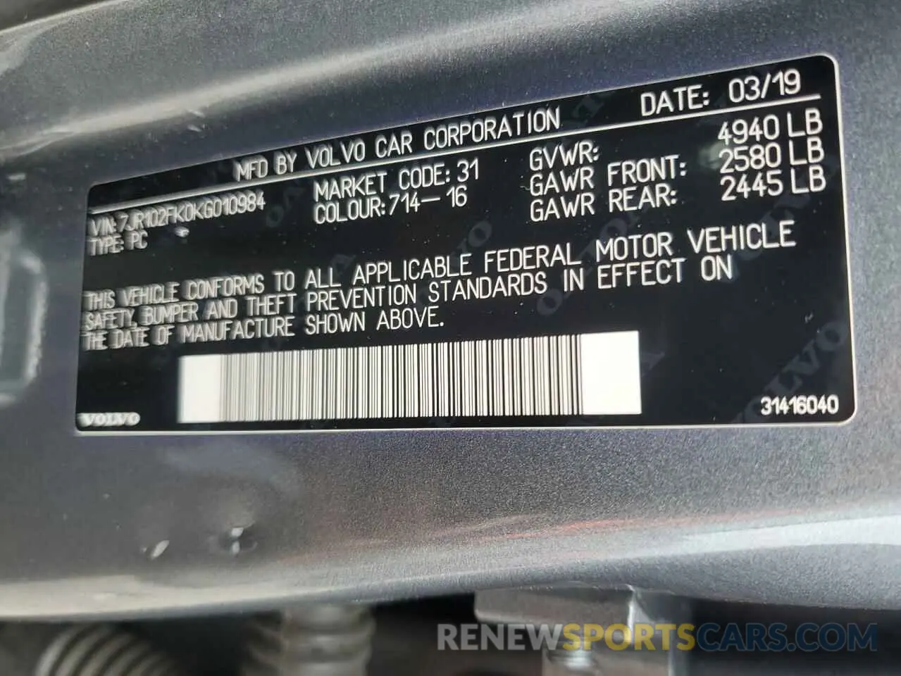 13 fotografías del automóvil dañado 7JR102FK0KG010984 VOLVO S60 2019