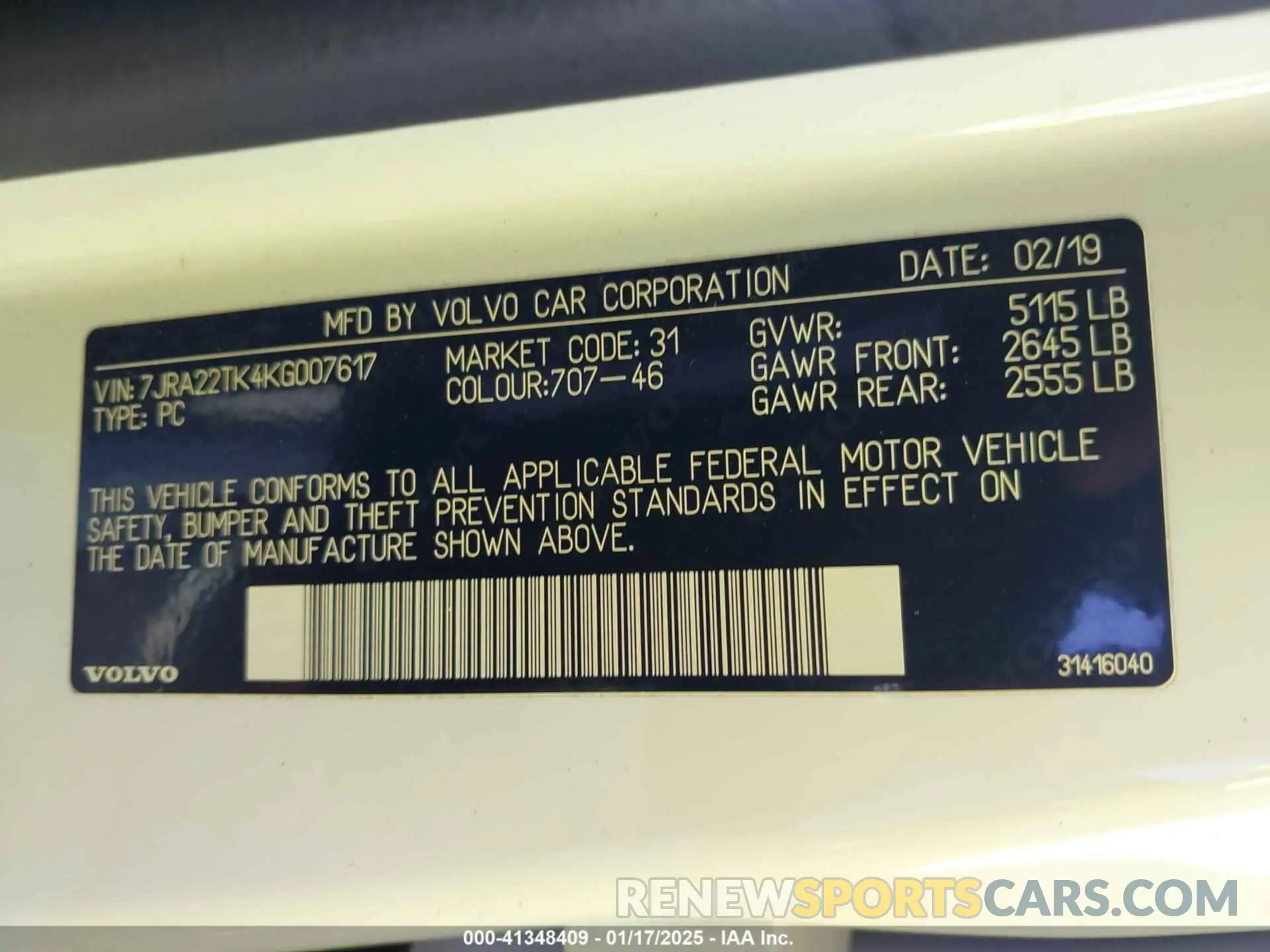 9 fotografías del automóvil dañado 7JRA22TK4KG007617 VOLVO S60 2019