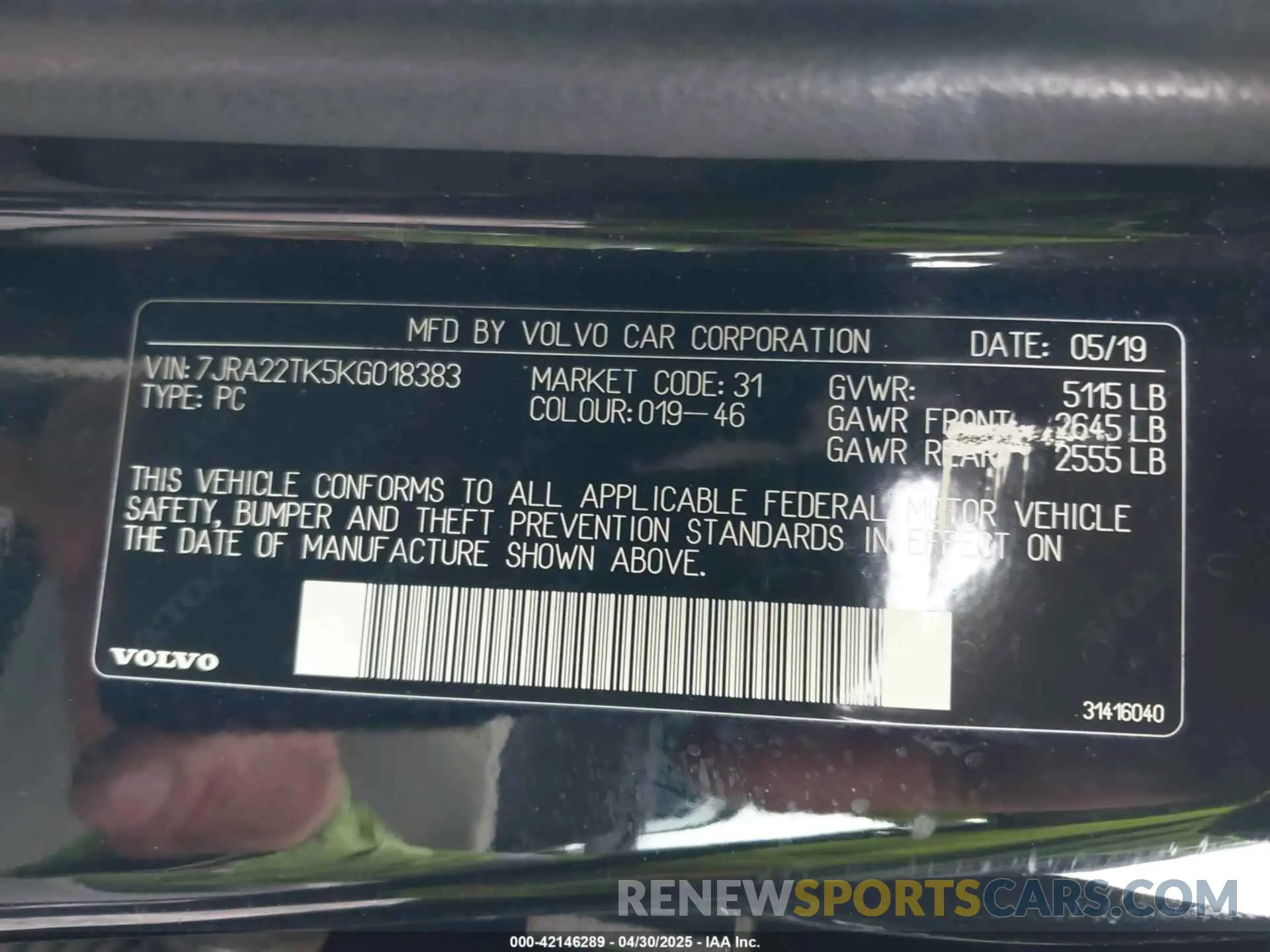 9 fotografías del automóvil dañado 7JRA22TK5KG018383 VOLVO S60 2019