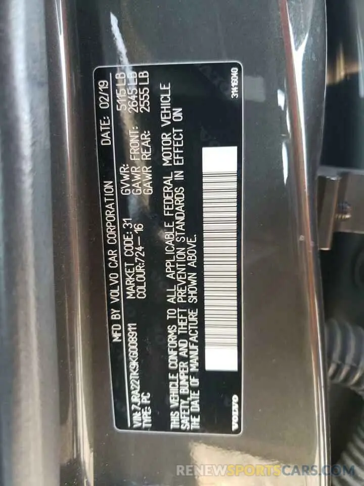 10 fotografías del automóvil dañado 7JRA22TK9KG008911 VOLVO S60 2019