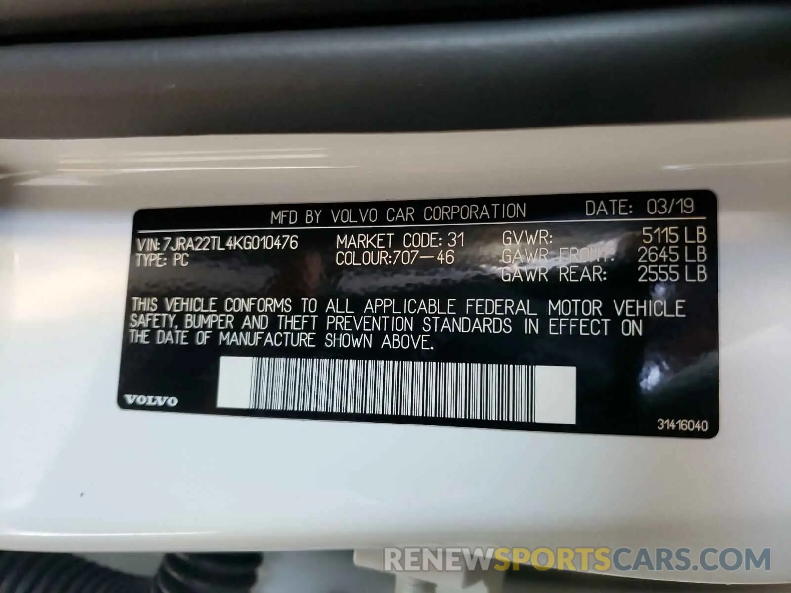 10 fotografías del automóvil dañado 7JRA22TL4KG010476 VOLVO S60 2019