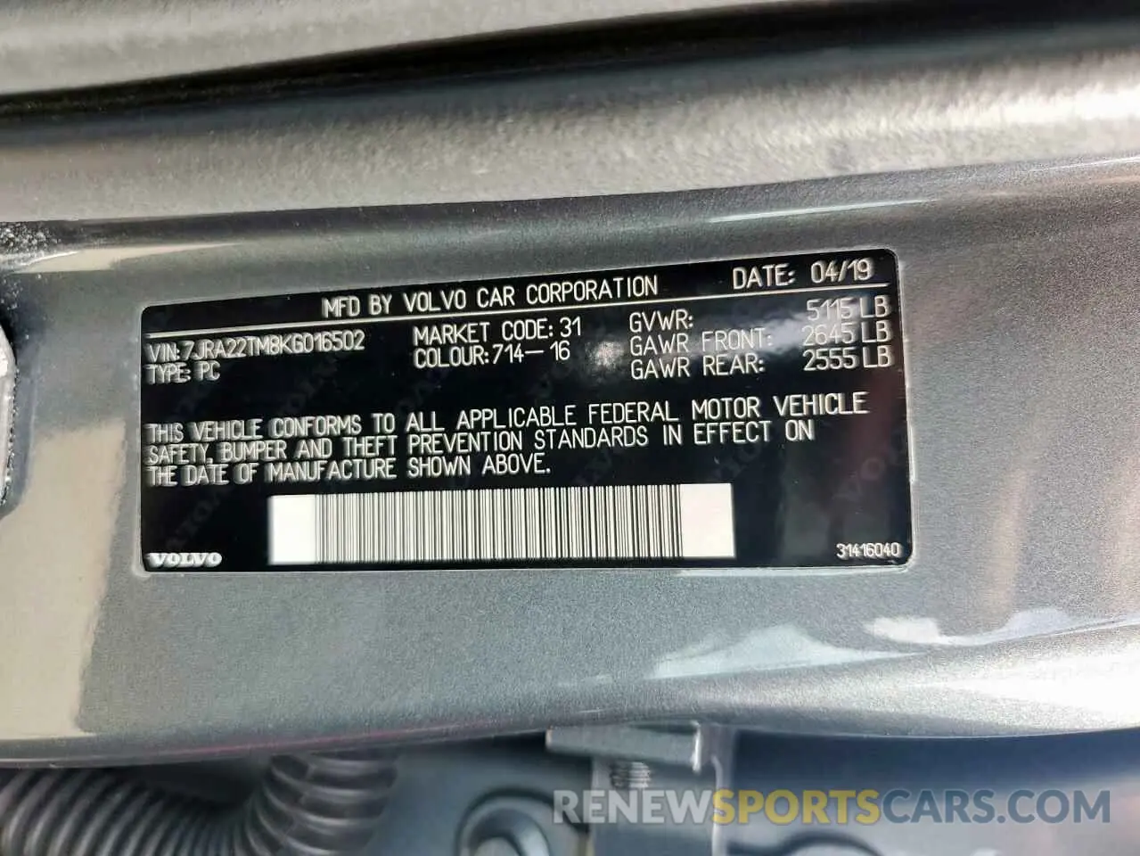 12 fotografías del automóvil dañado 7JRA22TM8KG016502 VOLVO S60 2019