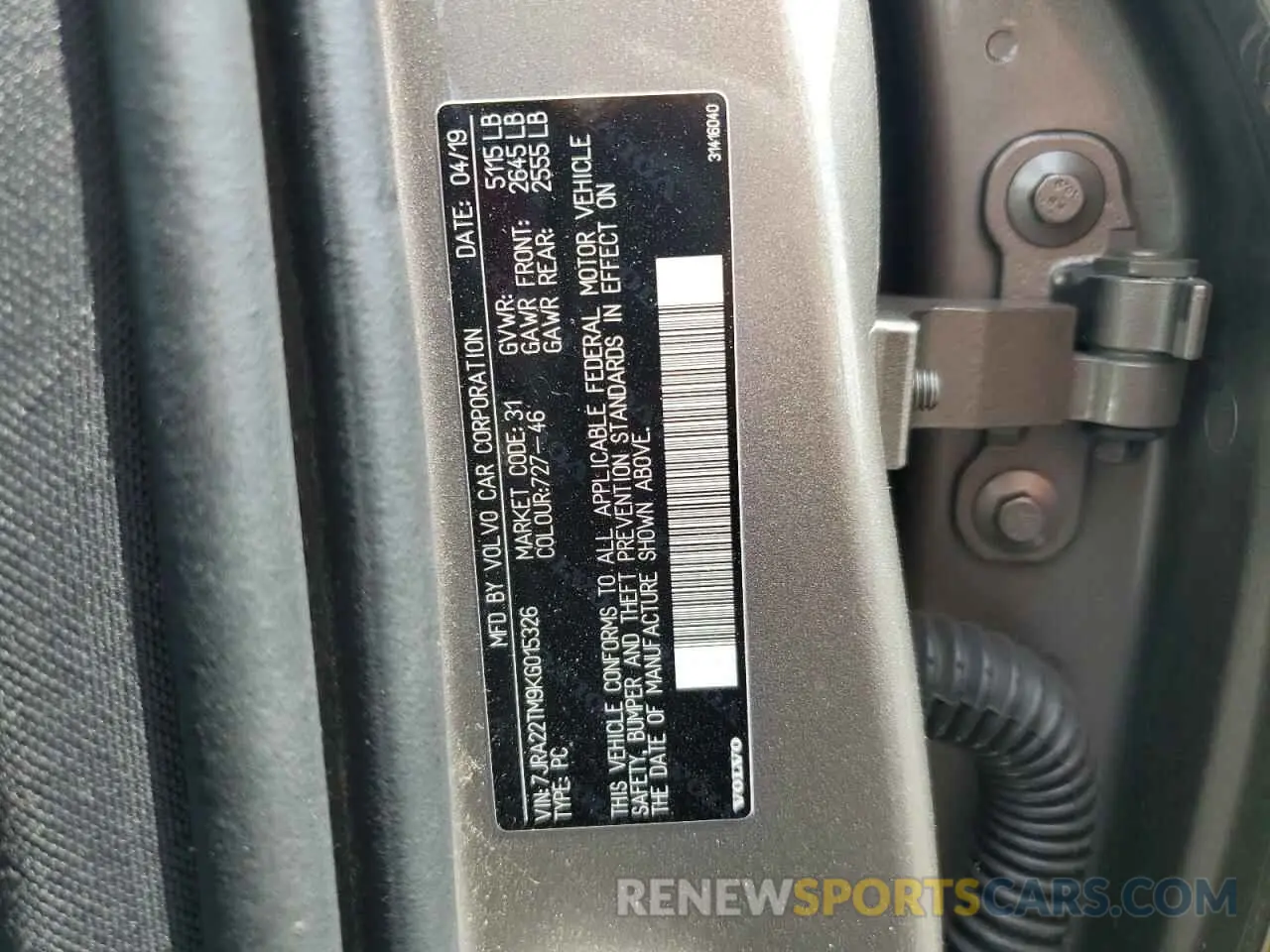 12 fotografías del automóvil dañado 7JRA22TM9KG015326 VOLVO S60 2019