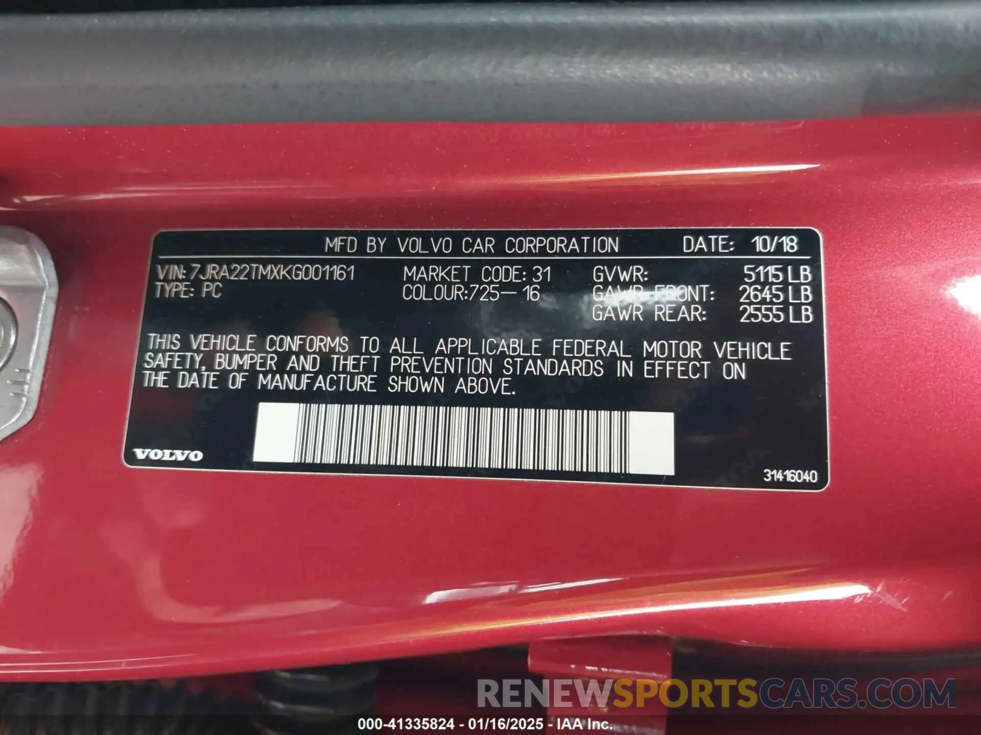 9 fotografías del automóvil dañado 7JRA22TMXKG001161 VOLVO S60 2019