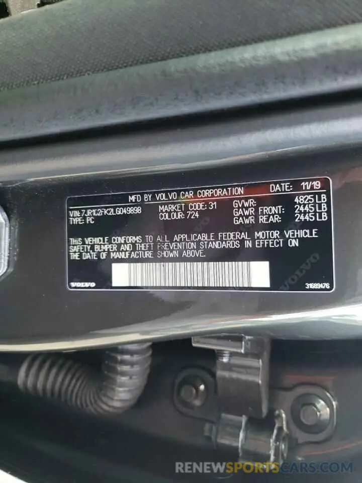 10 fotografías del automóvil dañado 7JR102FK2LG049898 VOLVO S60 2020