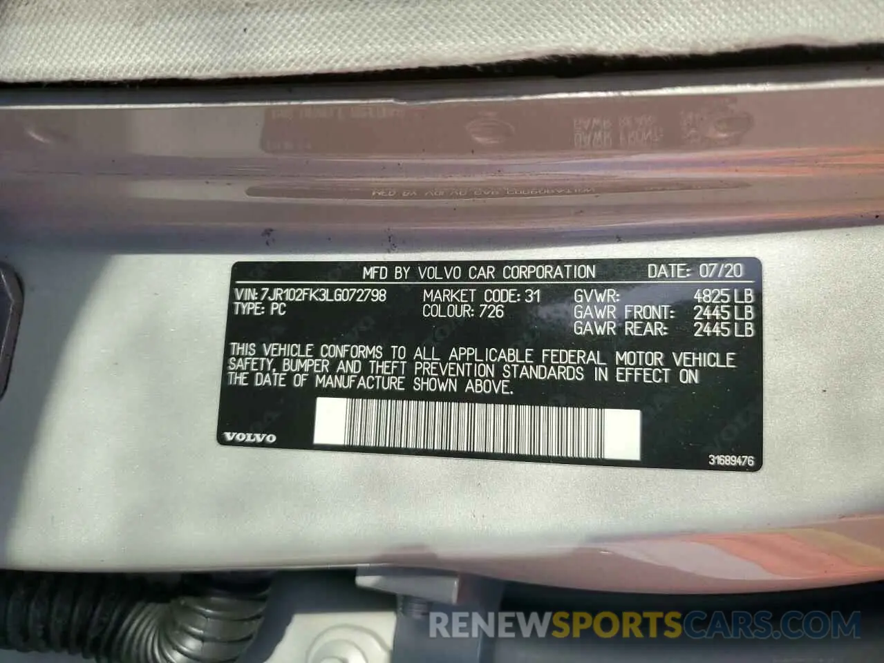 12 fotografías del automóvil dañado 7JR102FK3LG072798 VOLVO S60 2020